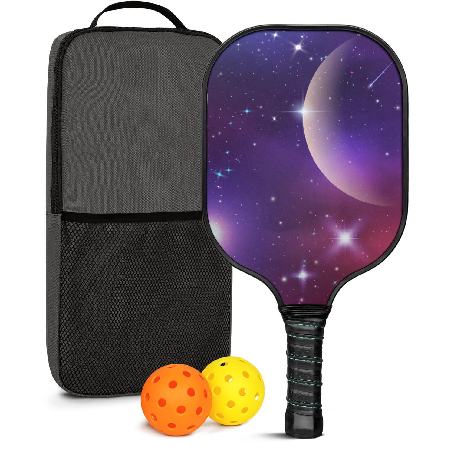 Pickleball Paddles Set Of 1, Fiberglass Surface, Galaxy, Universe, Starry Sky Print, 1 Paddle, 2 Balls & Bag