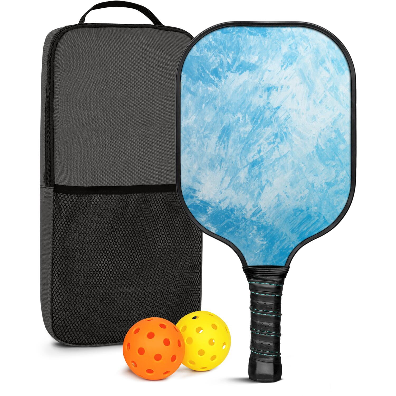 Pickleball Paddles Set Of 1, Fiberglass Surface, Ice Crystal Print, 1 Paddle, 2 Balls & Bag