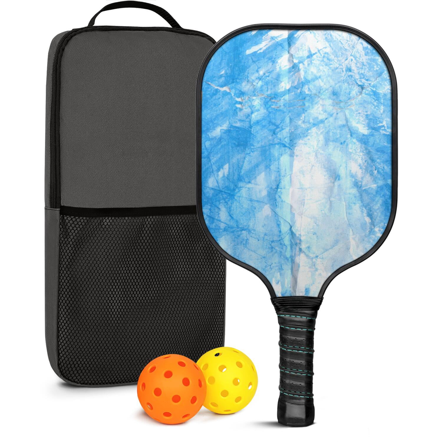 Pickleball Paddles Set Of 1, Fiberglass Surface, Ice Crystal Print, 1 Paddle, 2 Balls & Bag