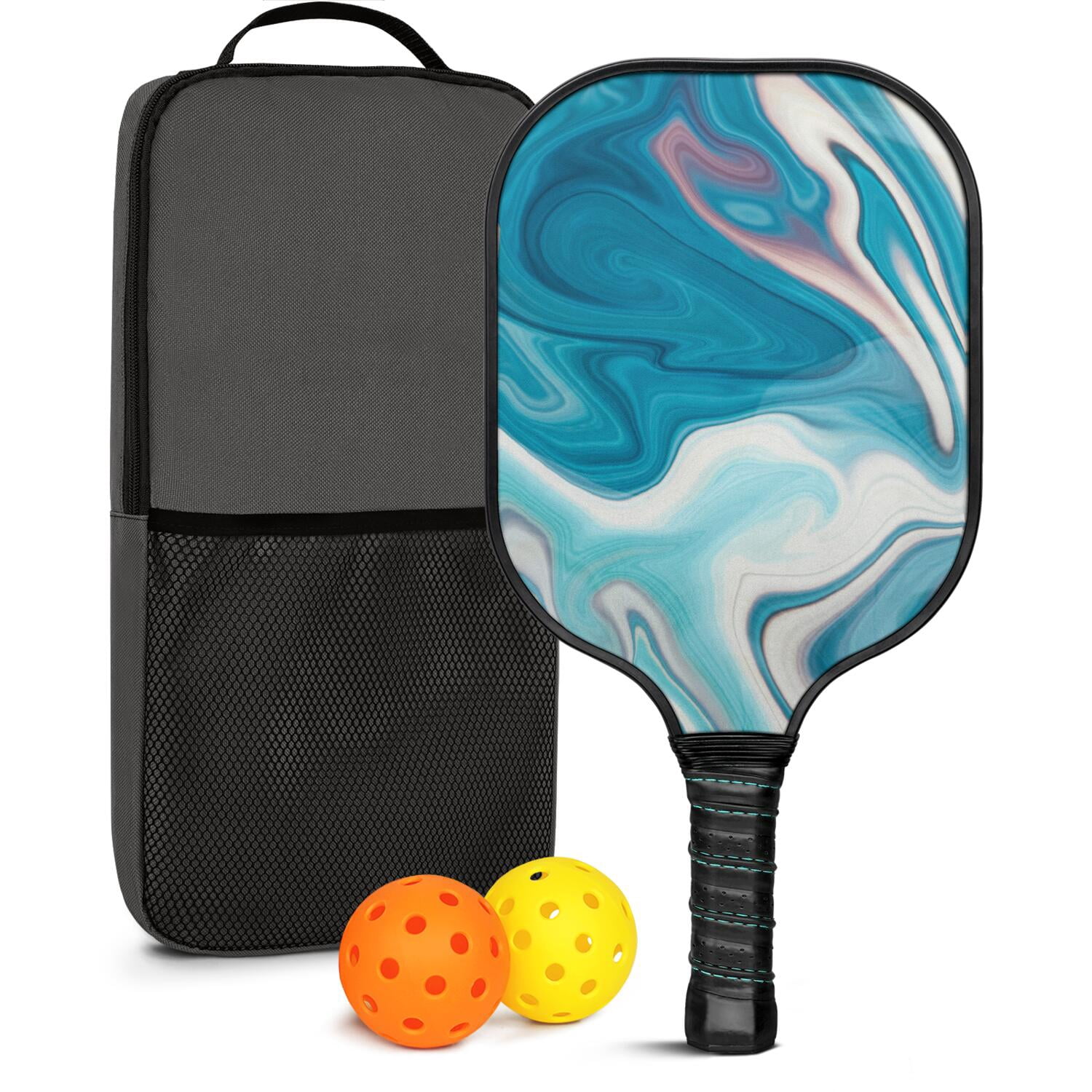 Pickleball Paddles Set Of 1, Fiberglass Surface, Liquid & Marble Print, 1 Paddles, 2 Balls & Bag