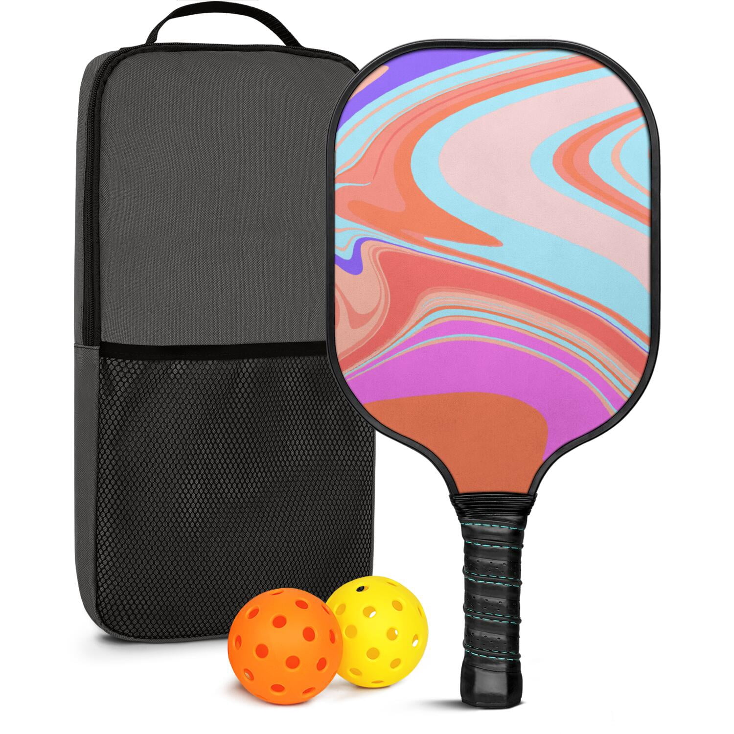 Pickleball Paddles Set Of 1, Fiberglass Surface, Liquid & Marble Print, 1 Paddles, 2 Balls & Bag