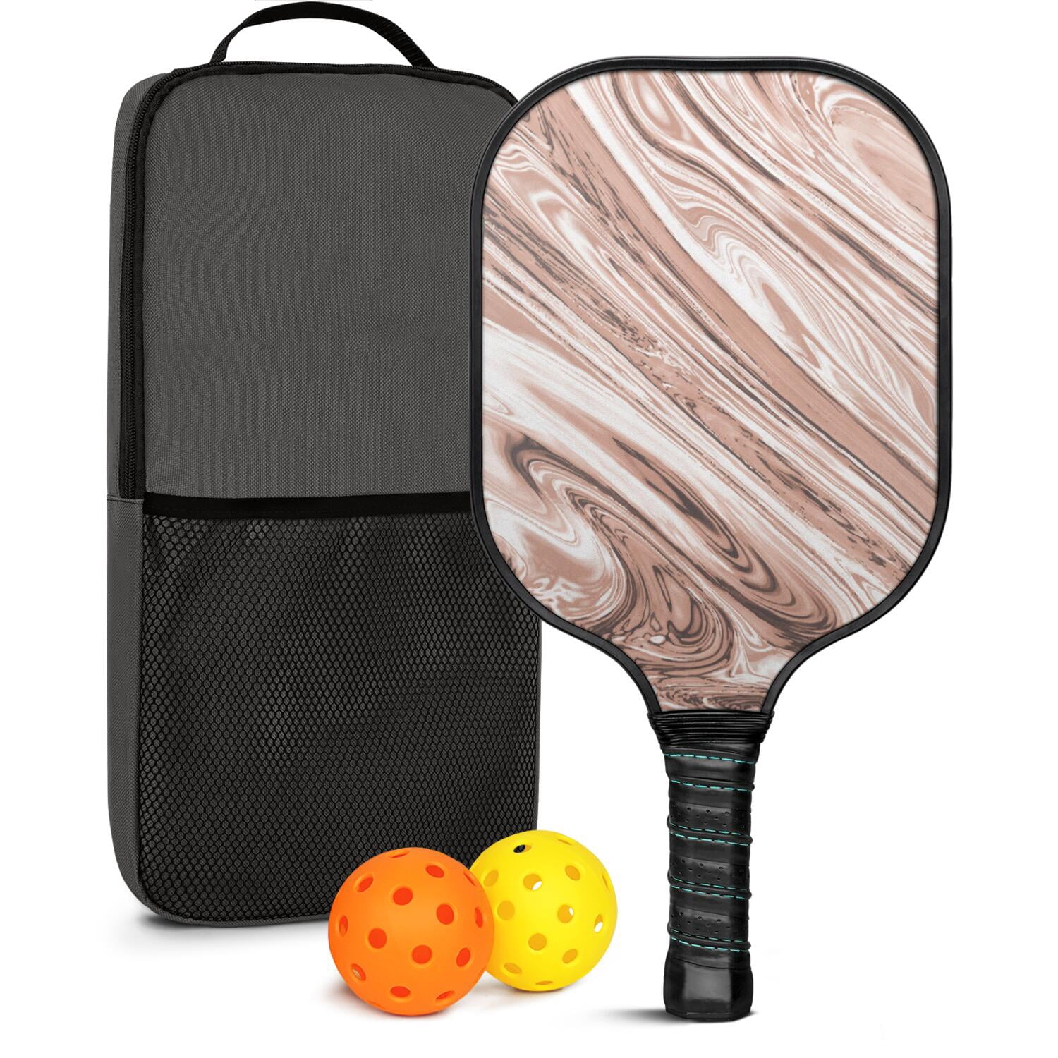 Pickleball Paddles Set Of 1, Fiberglass Surface, Liquid & Marble Print, 1 Paddles, 2 Balls & Bag
