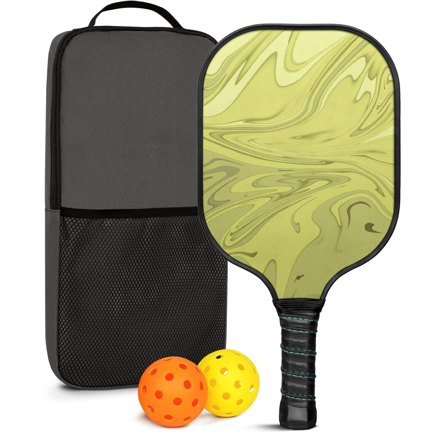 Pickleball Paddles Set Of 1, Fiberglass Surface, Liquid & Marble Print, 1 Paddles, 2 Balls & Bag
