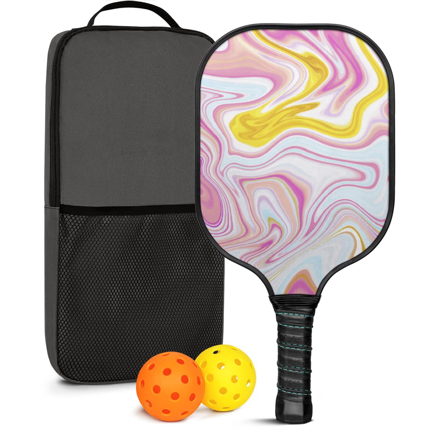 Pickleball Paddles Set Of 1, Fiberglass Surface, Liquid & Marble Print, 1 Paddles, 2 Balls & Bag