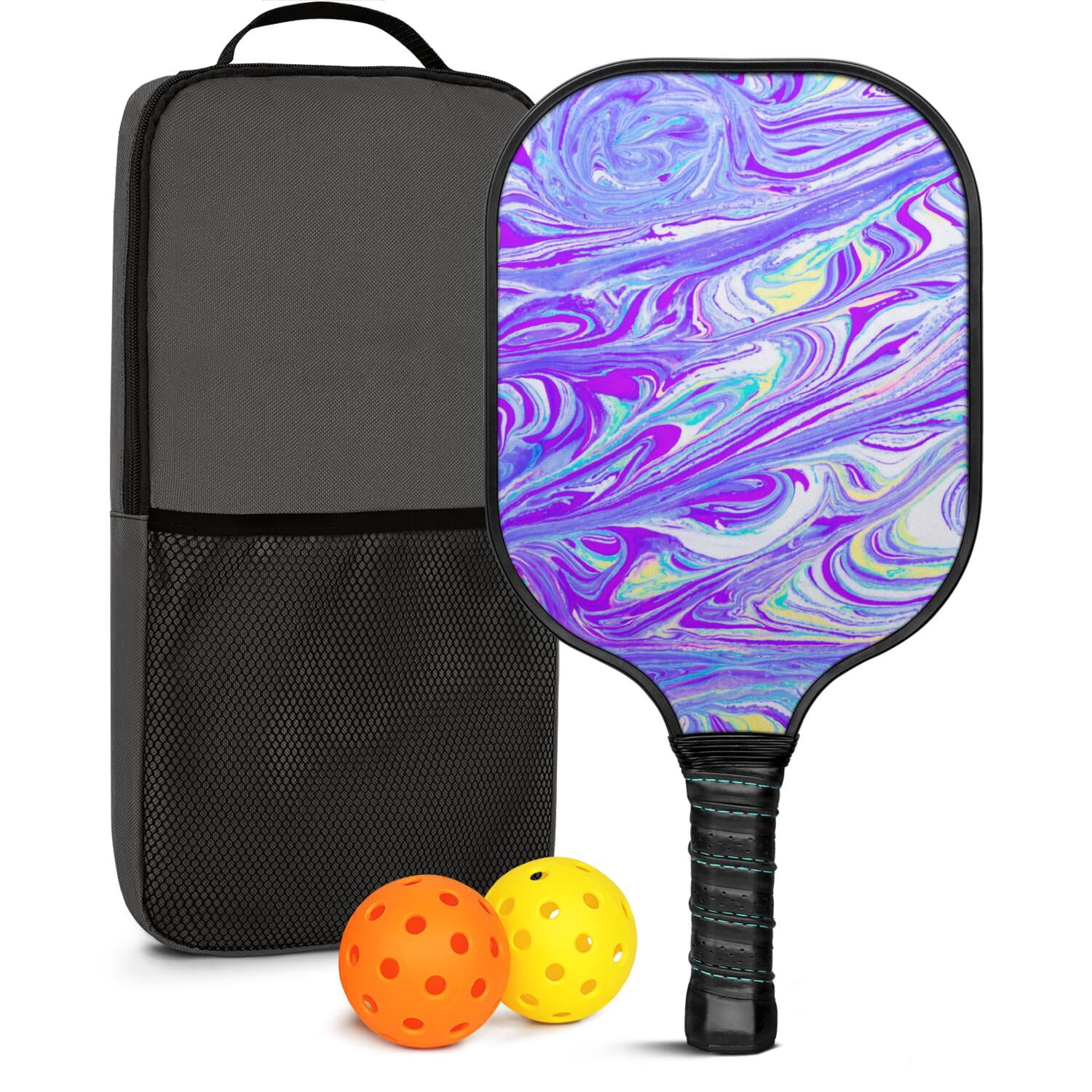 Pickleball Paddles Set Of 1, Fiberglass Surface, Liquid & Marble Print, 1 Paddles, 2 Balls & Bag