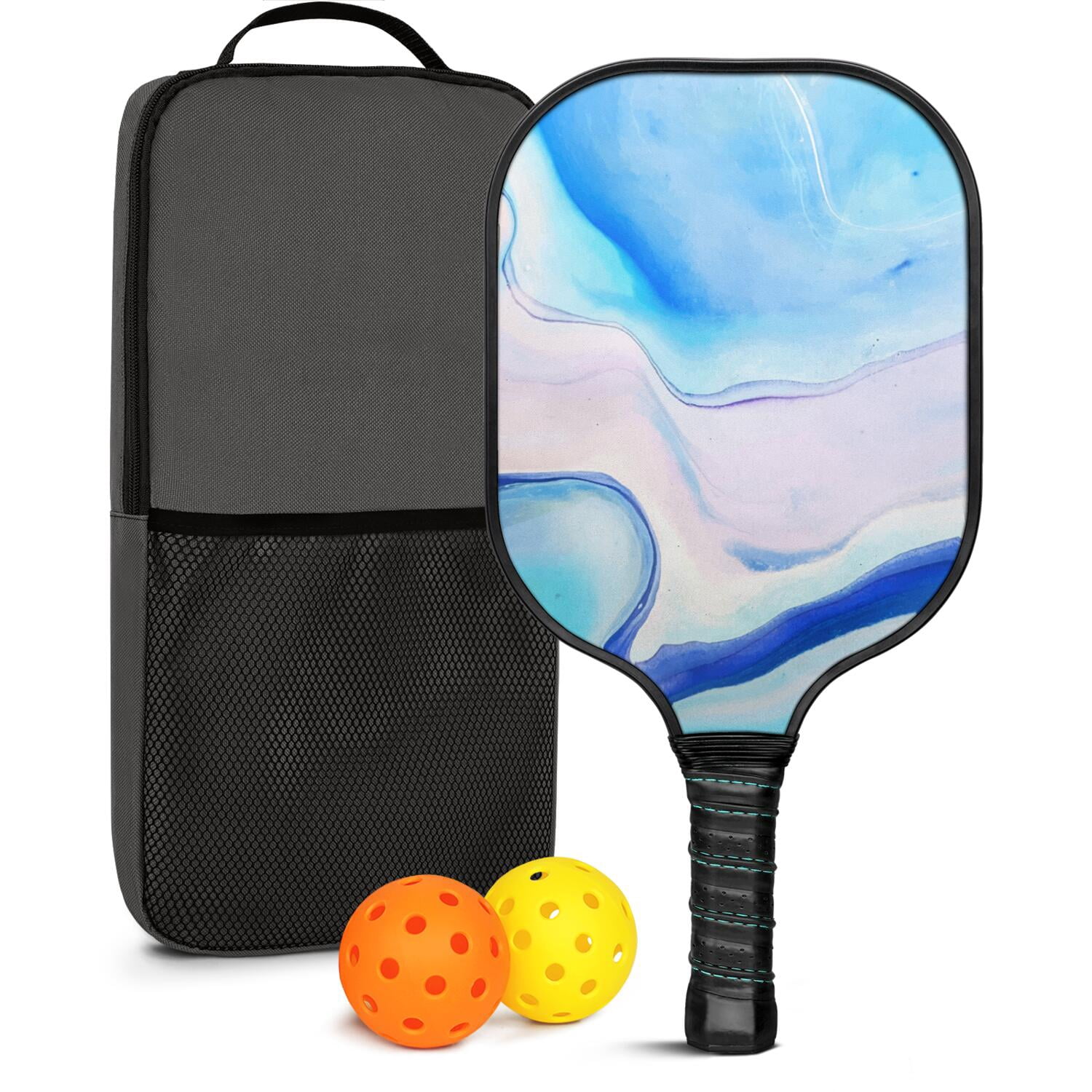 Pickleball Paddles Set Of 1, Fiberglass Surface, Liquid & Marble Print, 1 Paddles, 2 Balls & Bag