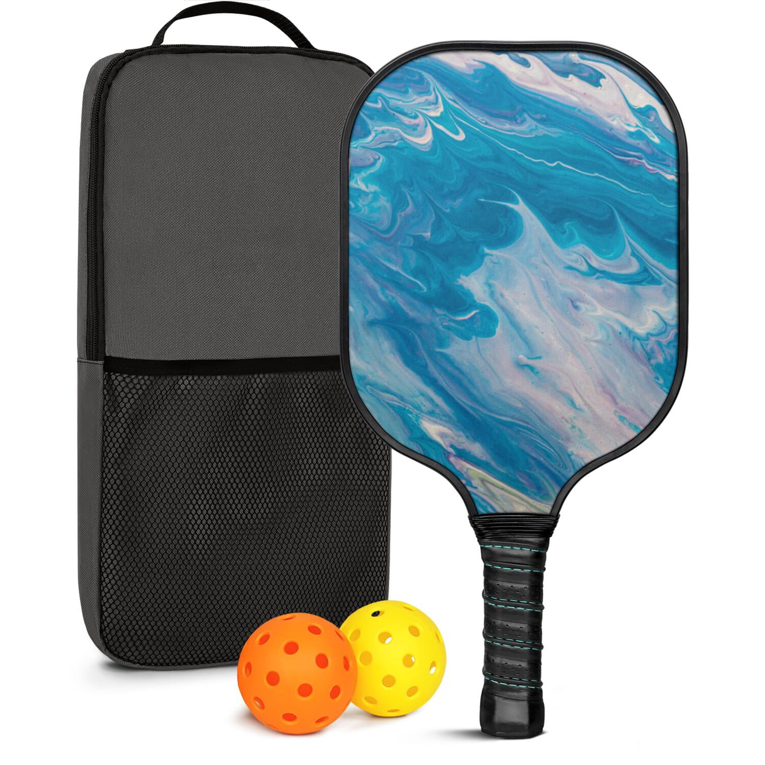 Pickleball Paddles Set Of 1, Fiberglass Surface, Liquid & Marble Print, 1 Paddles, 2 Balls & Bag