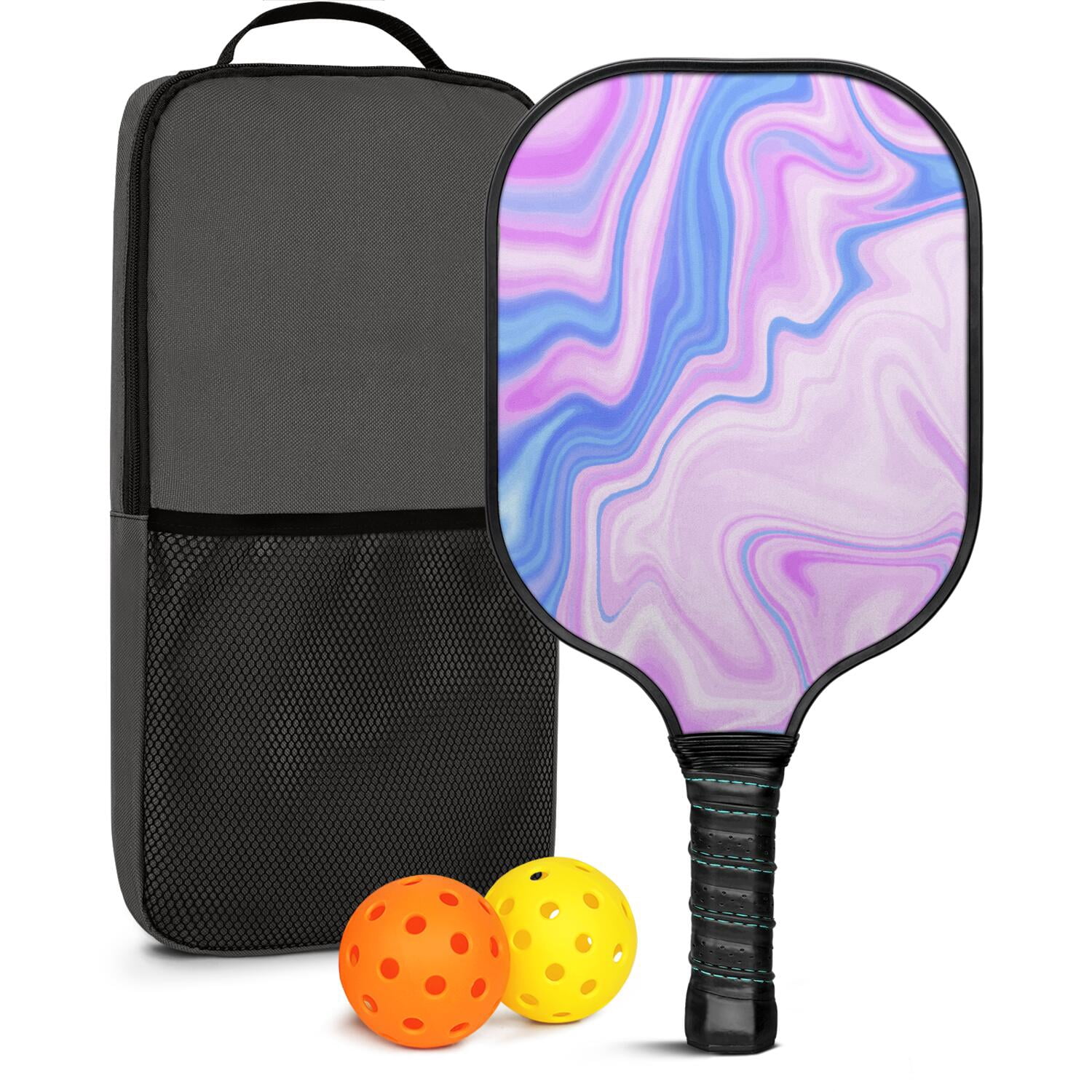 Pickleball Paddles Set Of 1, Fiberglass Surface, Liquid & Marble Print, 1 Paddles, 2 Balls & Bag