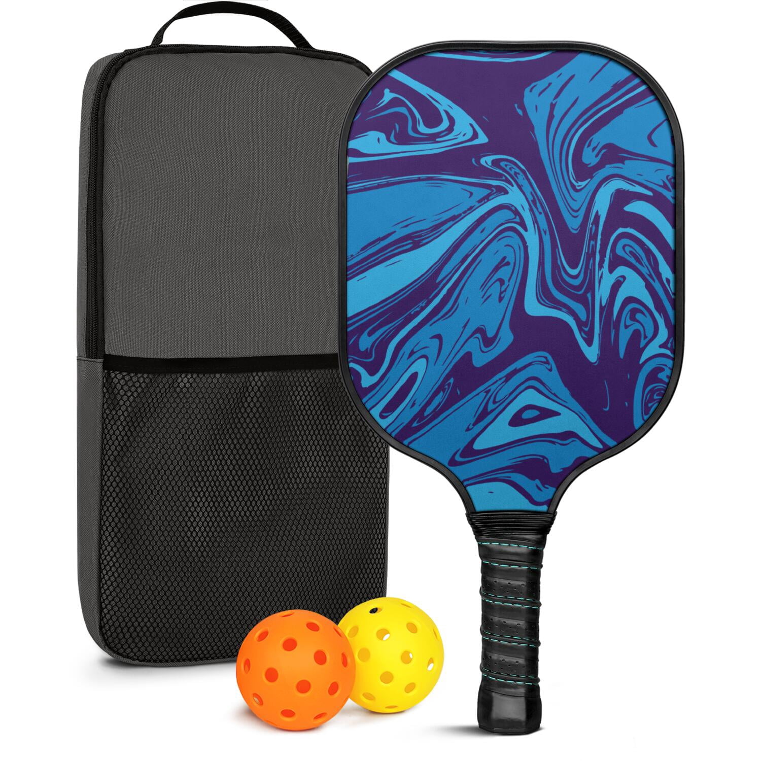 Pickleball Paddles Set Of 1, Fiberglass Surface, Liquid & Marble Print, 1 Paddles, 2 Balls & Bag