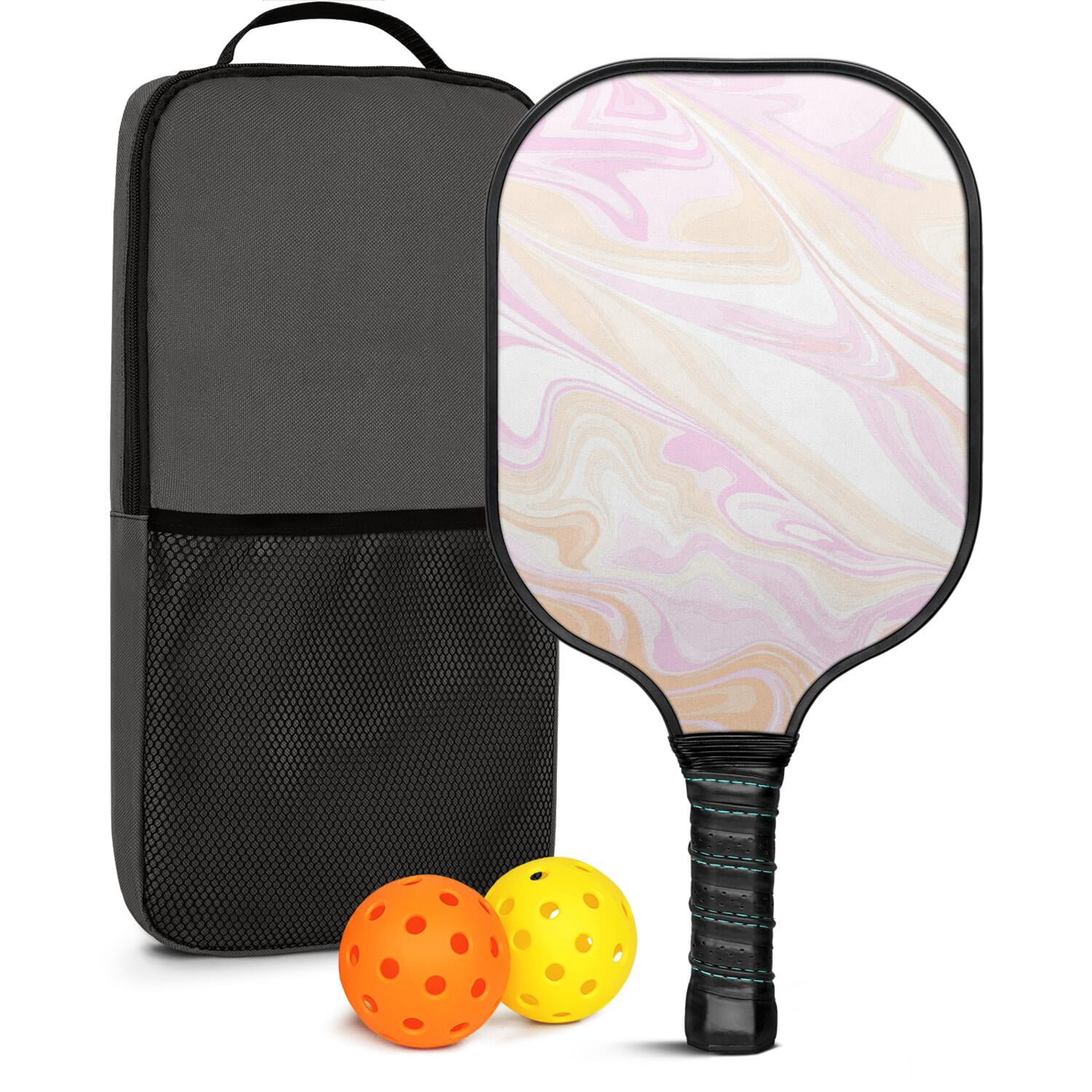 Pickleball Paddles Set Of 1, Fiberglass Surface, Liquid & Marble Print, 1 Paddles, 2 Balls & Bag