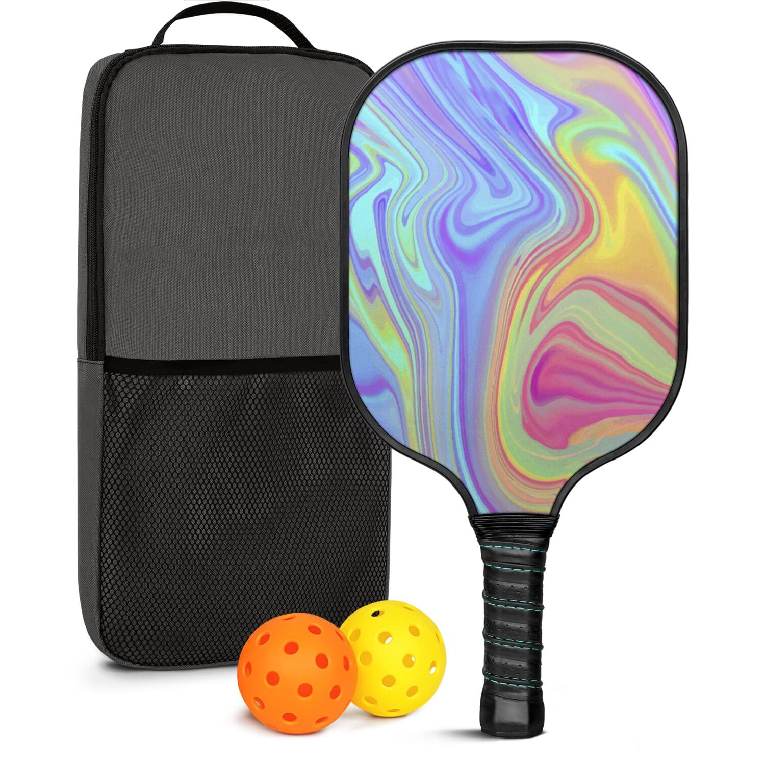 Pickleball Paddles Set Of 1, Fiberglass Surface, Liquid & Marble Print, 1 Paddles, 2 Balls & Bag