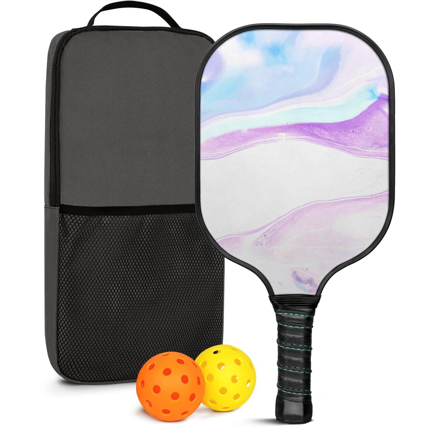Pickleball Paddles Set Of 1, Fiberglass Surface, Liquid & Marble Print, 1 Paddles, 2 Balls & Bag