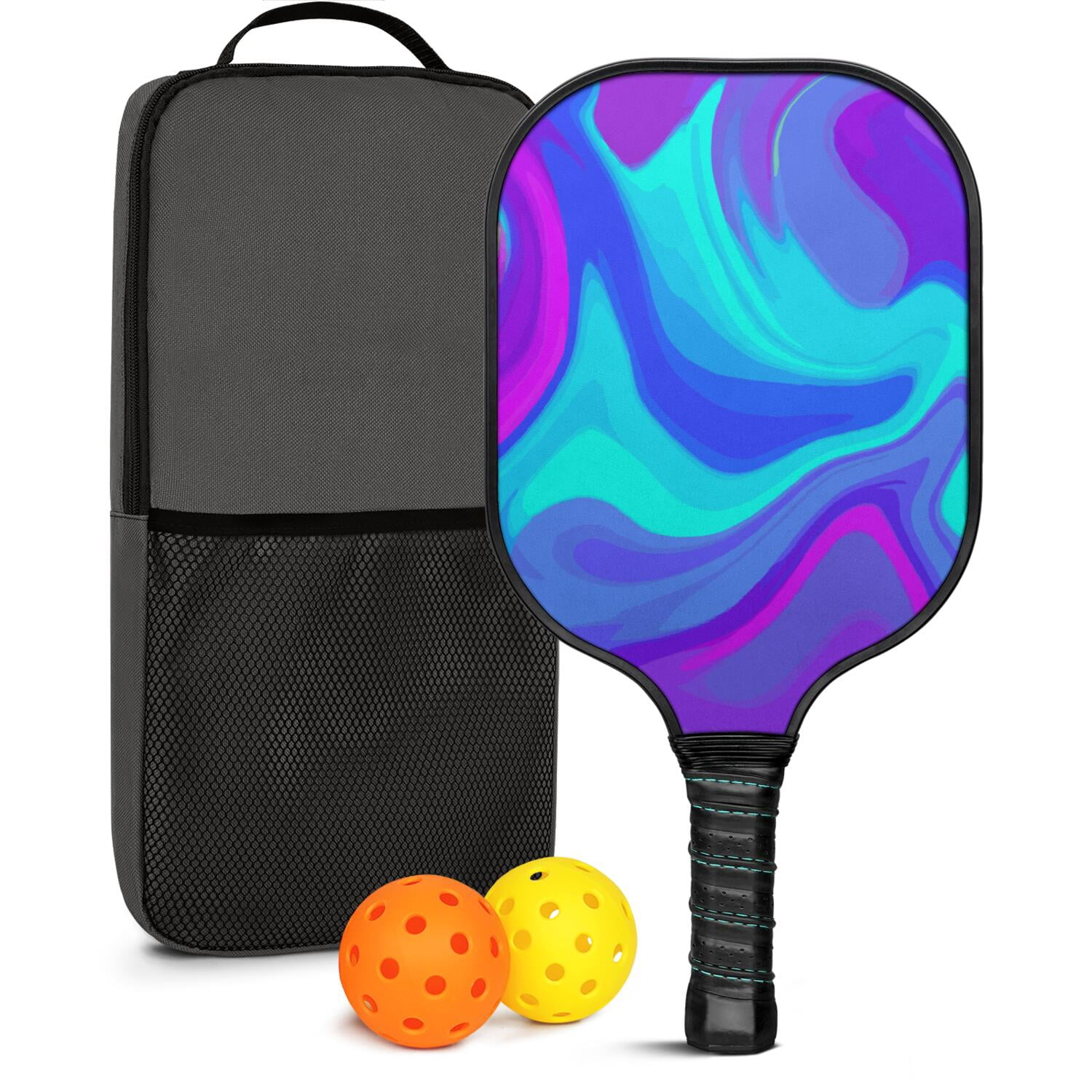Pickleball Paddles Set Of 1, Fiberglass Surface, Liquid & Marble Print, 1 Paddles, 2 Balls & Bag