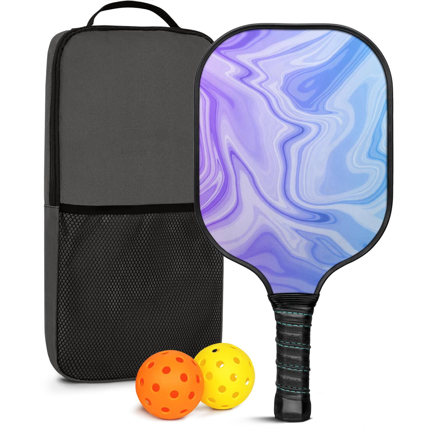 Pickleball Paddles Set Of 1, Fiberglass Surface, Liquid & Marble Print, 1 Paddles, 2 Balls & Bag