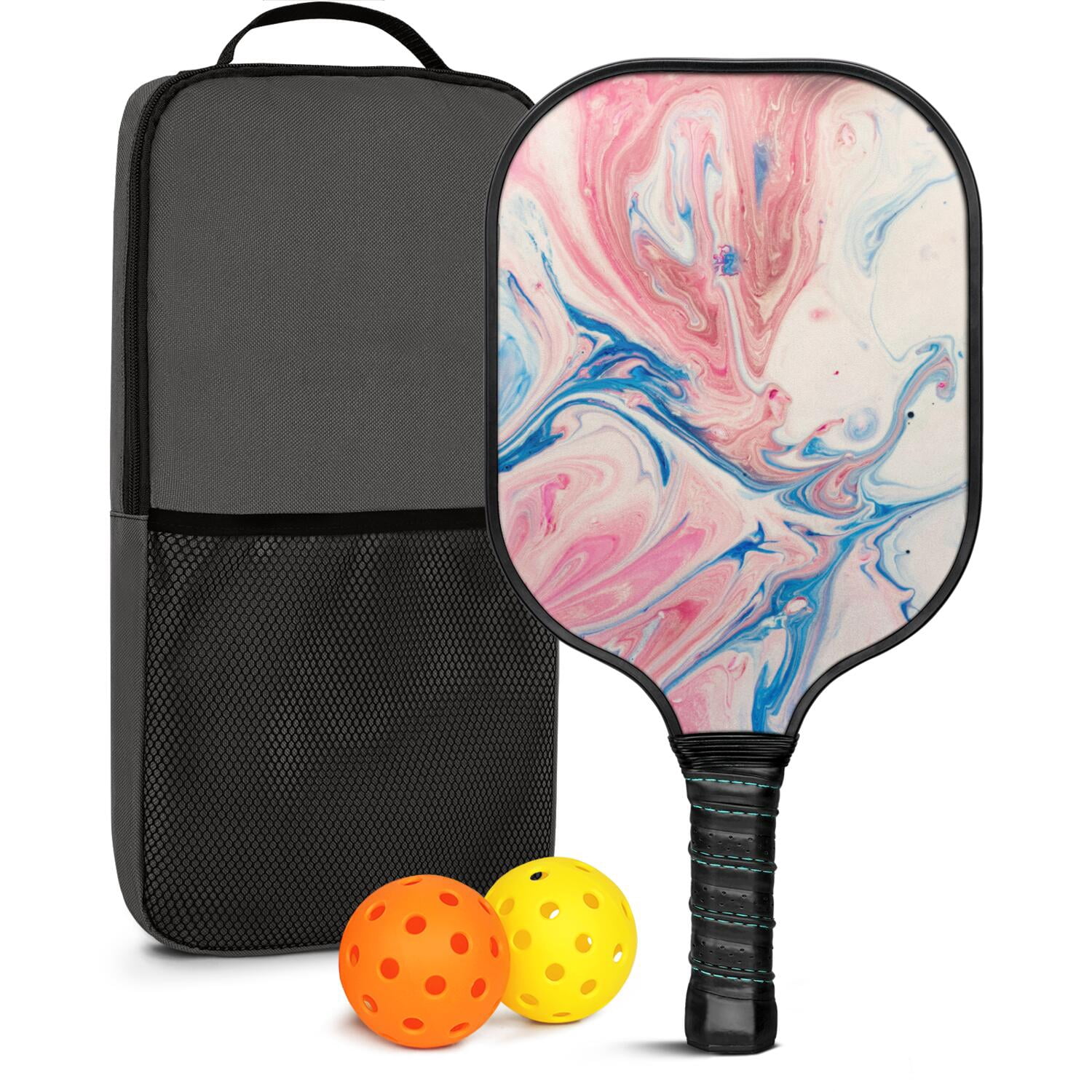 Pickleball Paddles Set Of 1, Fiberglass Surface, Liquid & Marble Print, 1 Paddles, 2 Balls & Bag