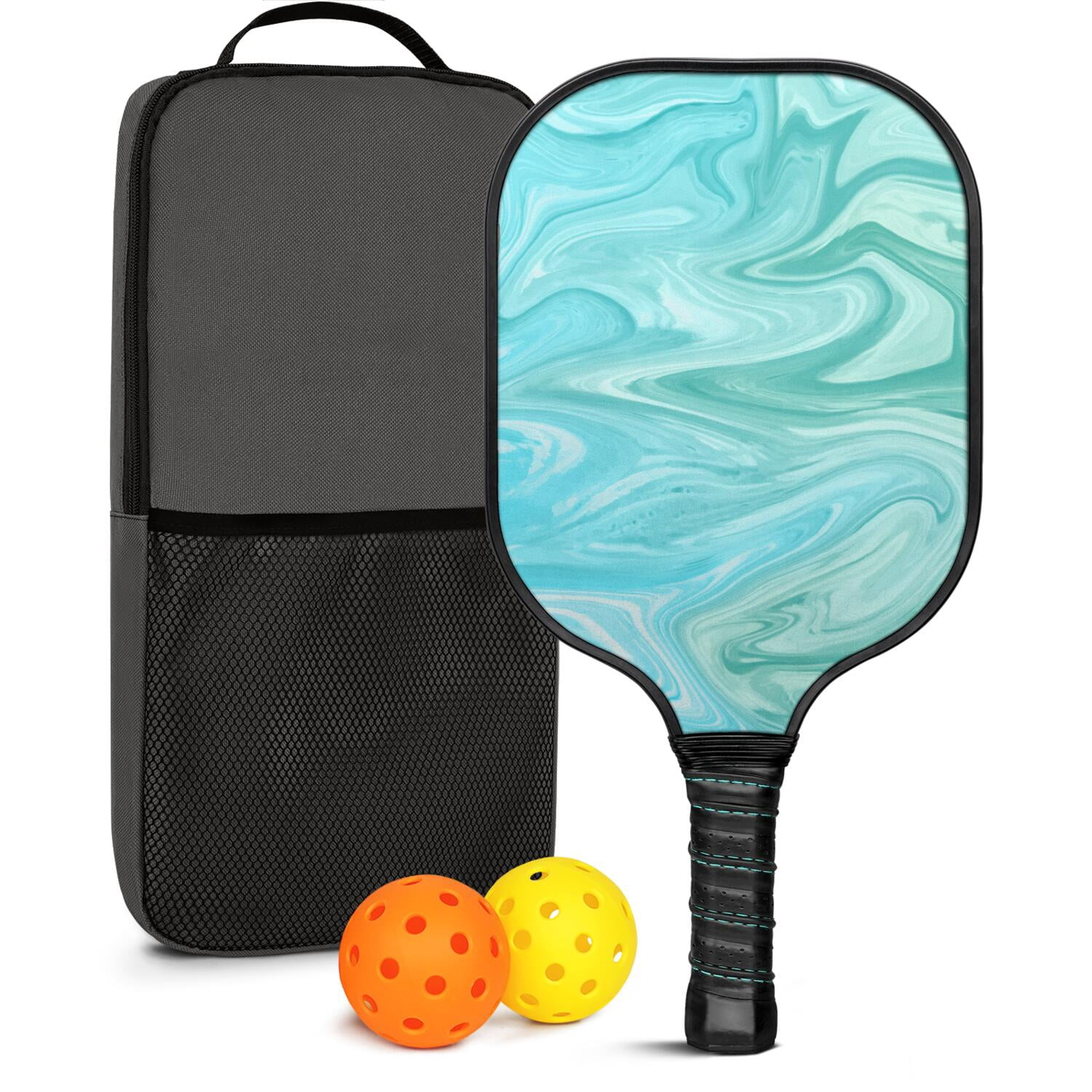 Pickleball Paddles Set Of 1, Fiberglass Surface, Liquid & Marble Print, 1 Paddles, 2 Balls & Bag