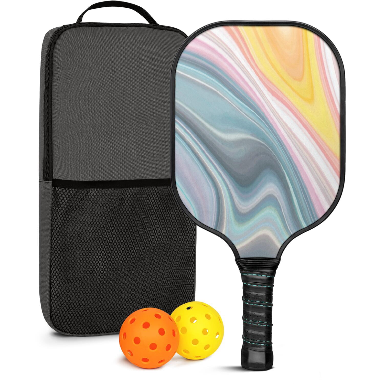 Pickleball Paddles Set Of 1, Fiberglass Surface, Liquid & Marble Print, 1 Paddles, 2 Balls & Bag