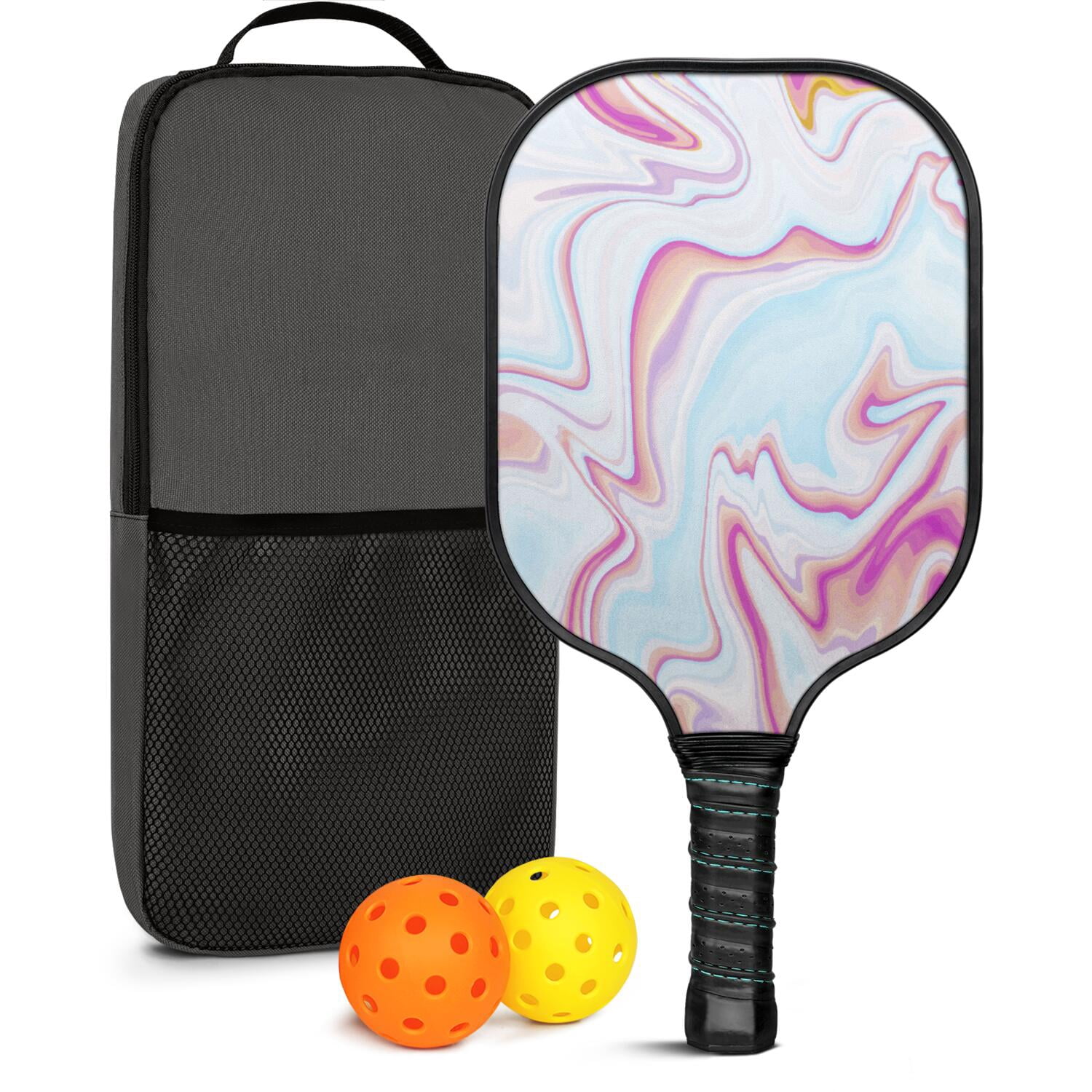 Pickleball Paddles Set Of 1, Fiberglass Surface, Liquid & Marble Print, 1 Paddles, 2 Balls & Bag