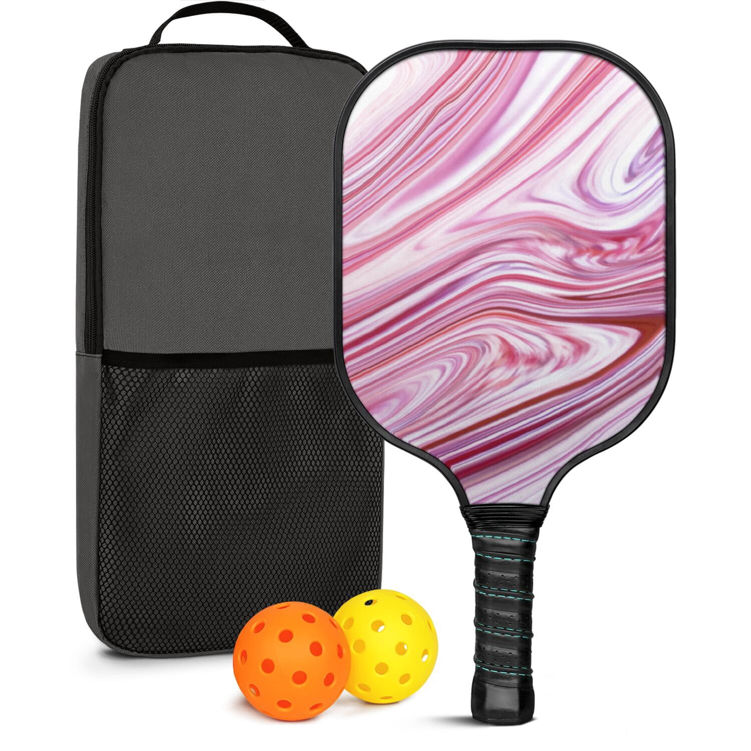 Pickleball Paddles Set Of 1, Fiberglass Surface, Liquid & Marble Print, 1 Paddles, 2 Balls & Bag