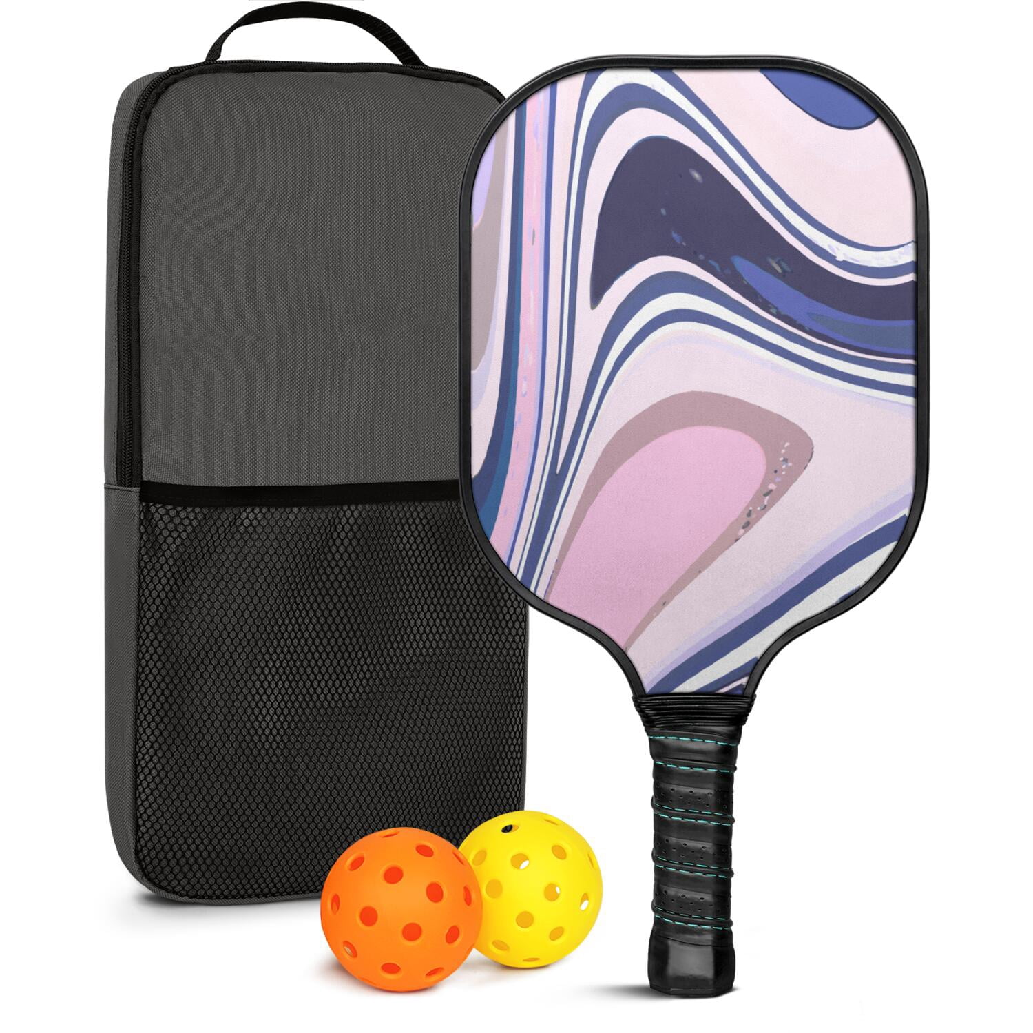Pickleball Paddles Set Of 1, Fiberglass Surface, Liquid & Marble Print, 1 Paddles, 2 Balls & Bag
