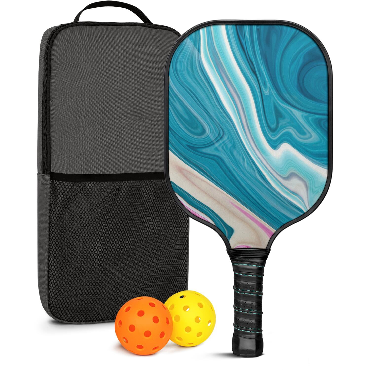 Pickleball Paddles Set Of 1, Fiberglass Surface, Liquid & Marble Print, 1 Paddles, 2 Balls & Bag