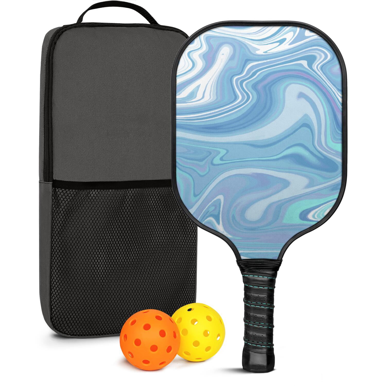 Pickleball Paddles Set Of 1, Fiberglass Surface, Liquid & Marble Print, 1 Paddles, 2 Balls & Bag