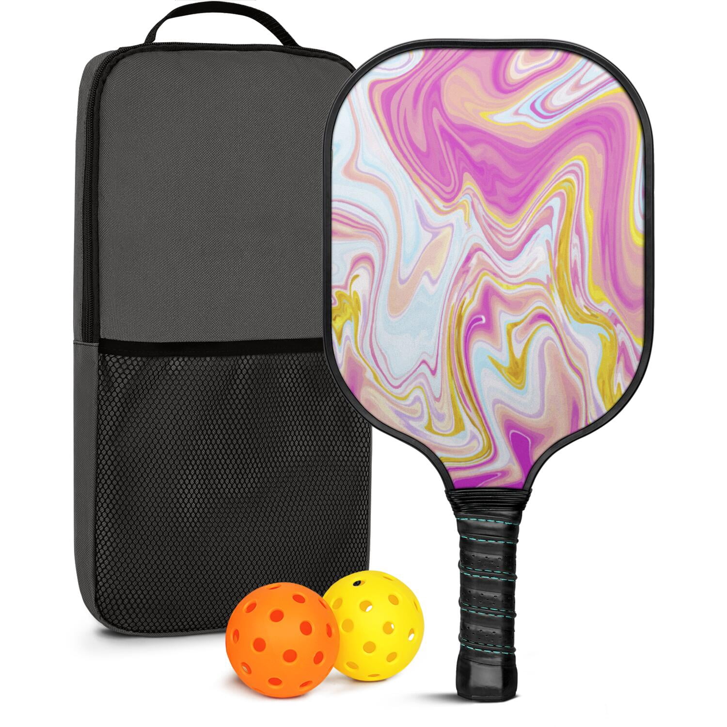 Pickleball Paddles Set Of 1, Fiberglass Surface, Liquid & Marble Print, 1 Paddles, 2 Balls & Bag