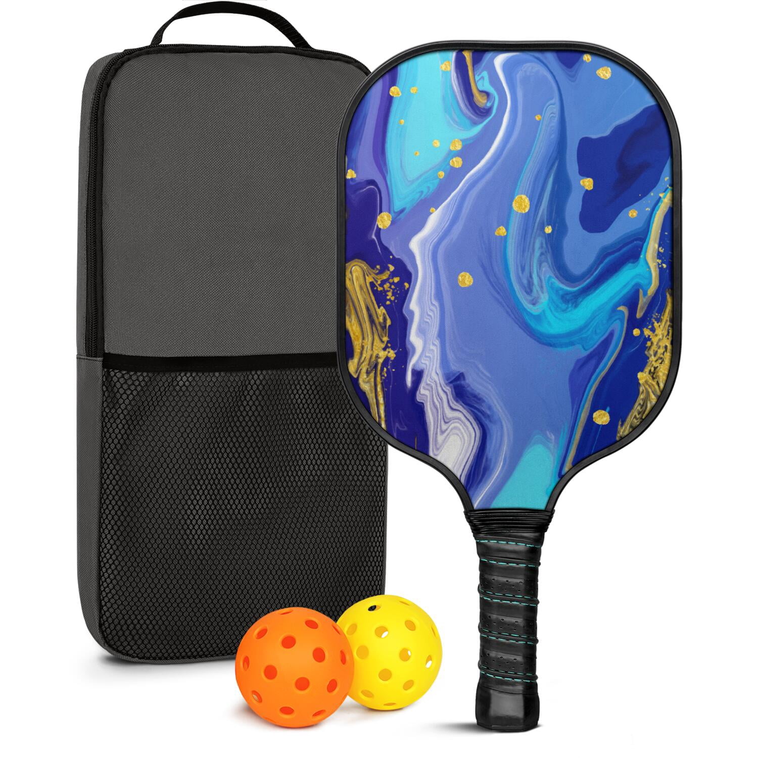 Pickleball Paddles Set Of 1, Fiberglass Surface, Liquid & Marble Print, 1 Paddles, 2 Balls & Bag