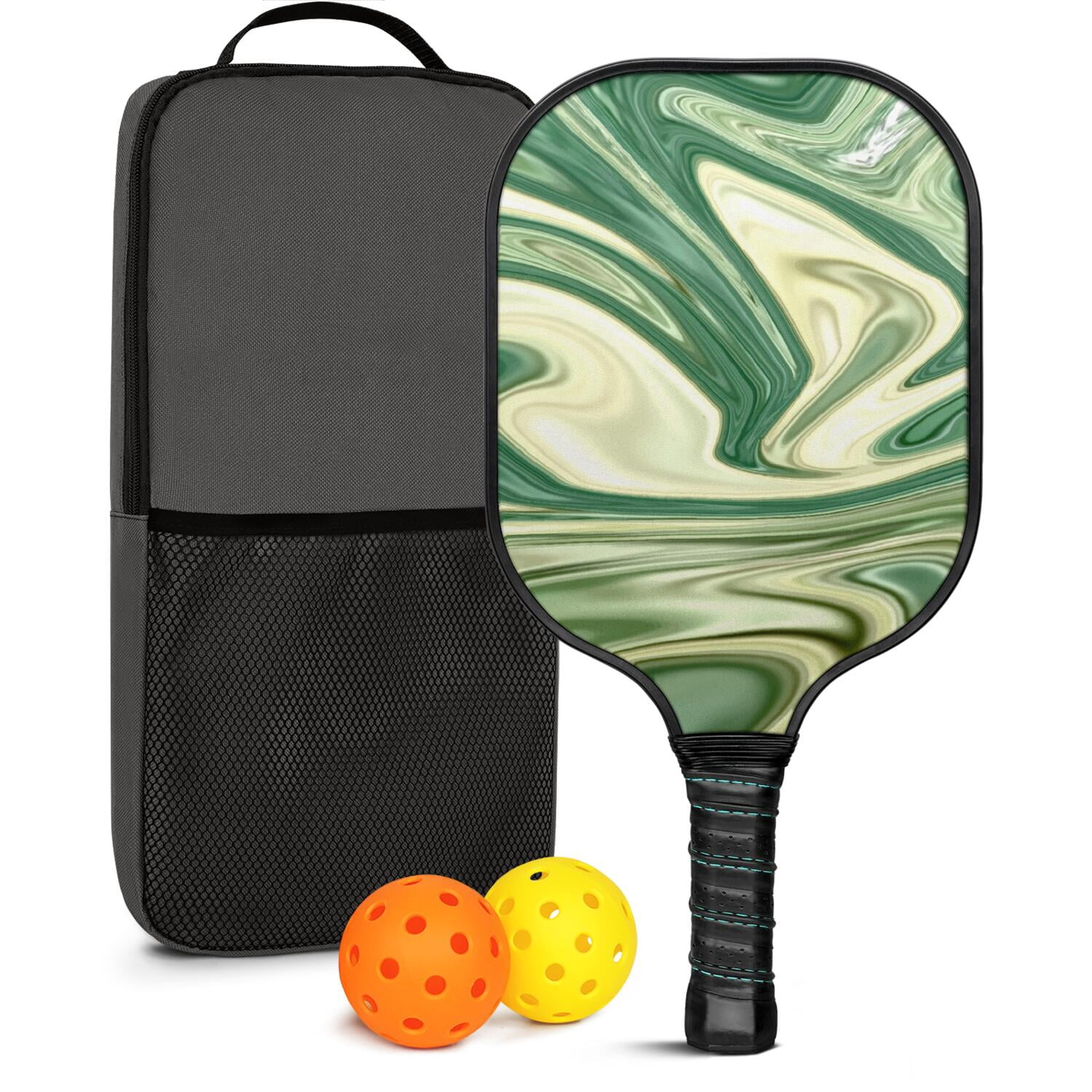 Pickleball Paddles Set Of 1, Fiberglass Surface, Liquid & Marble Print, 1 Paddles, 2 Balls & Bag