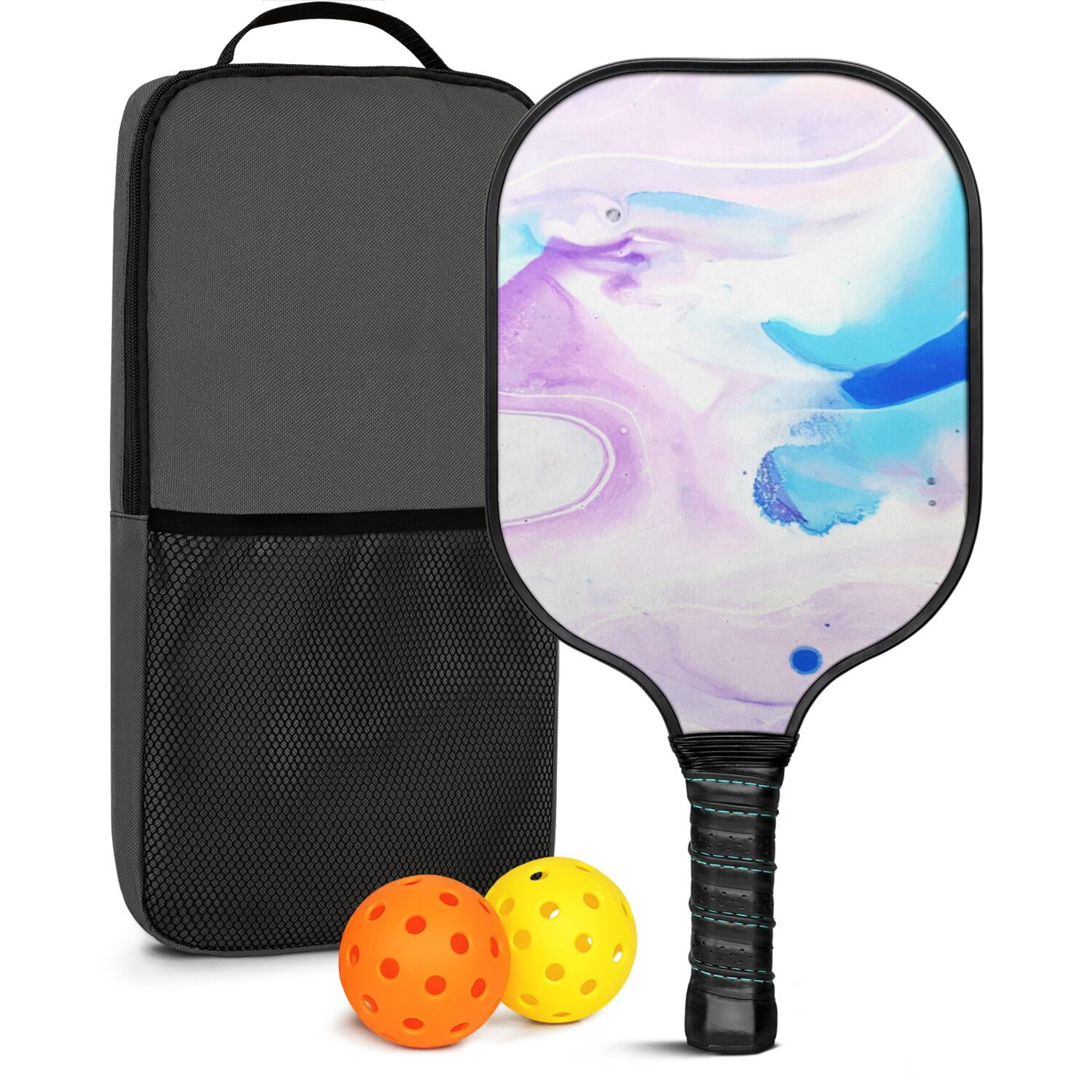 Pickleball Paddles Set Of 1, Fiberglass Surface, Liquid & Marble Print, 1 Paddles, 2 Balls & Bag