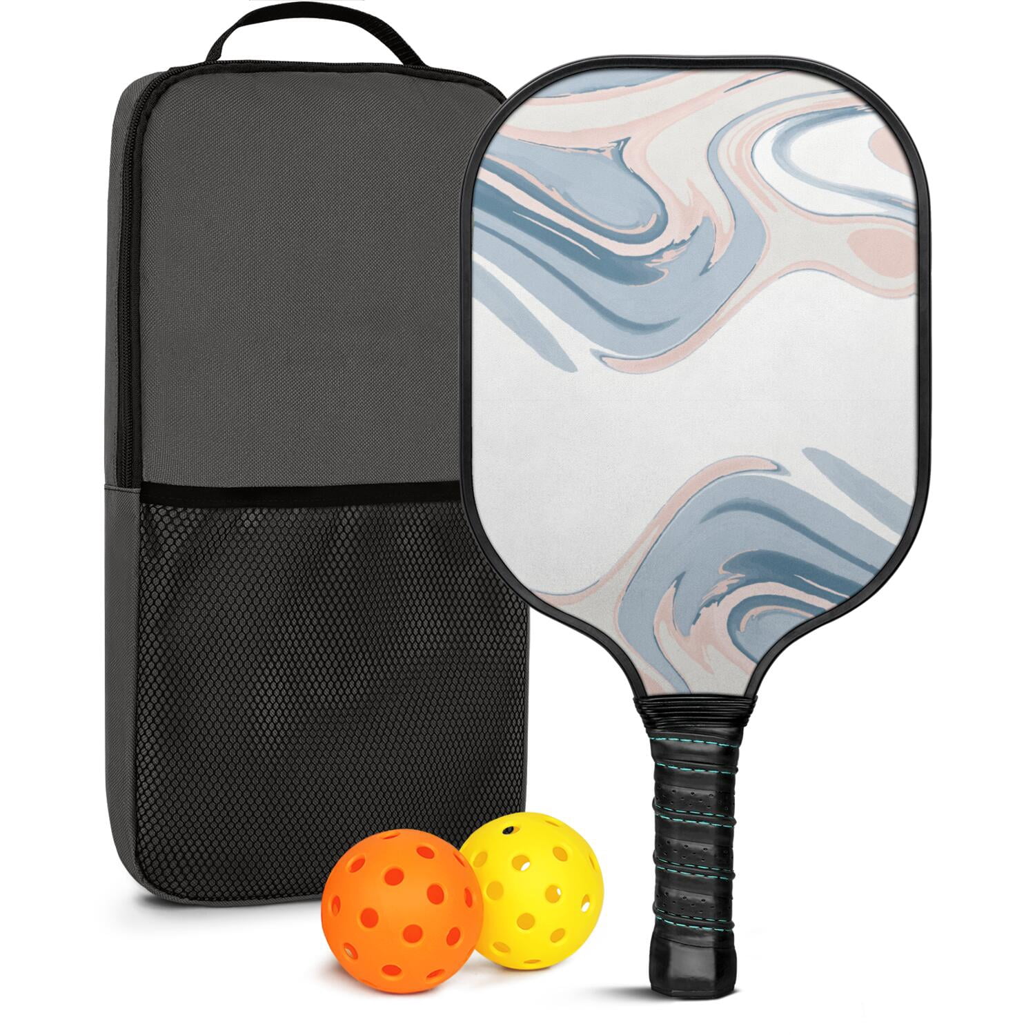 Pickleball Paddles Set Of 1, Fiberglass Surface, Liquid & Marble Print, 1 Paddles, 2 Balls & Bag