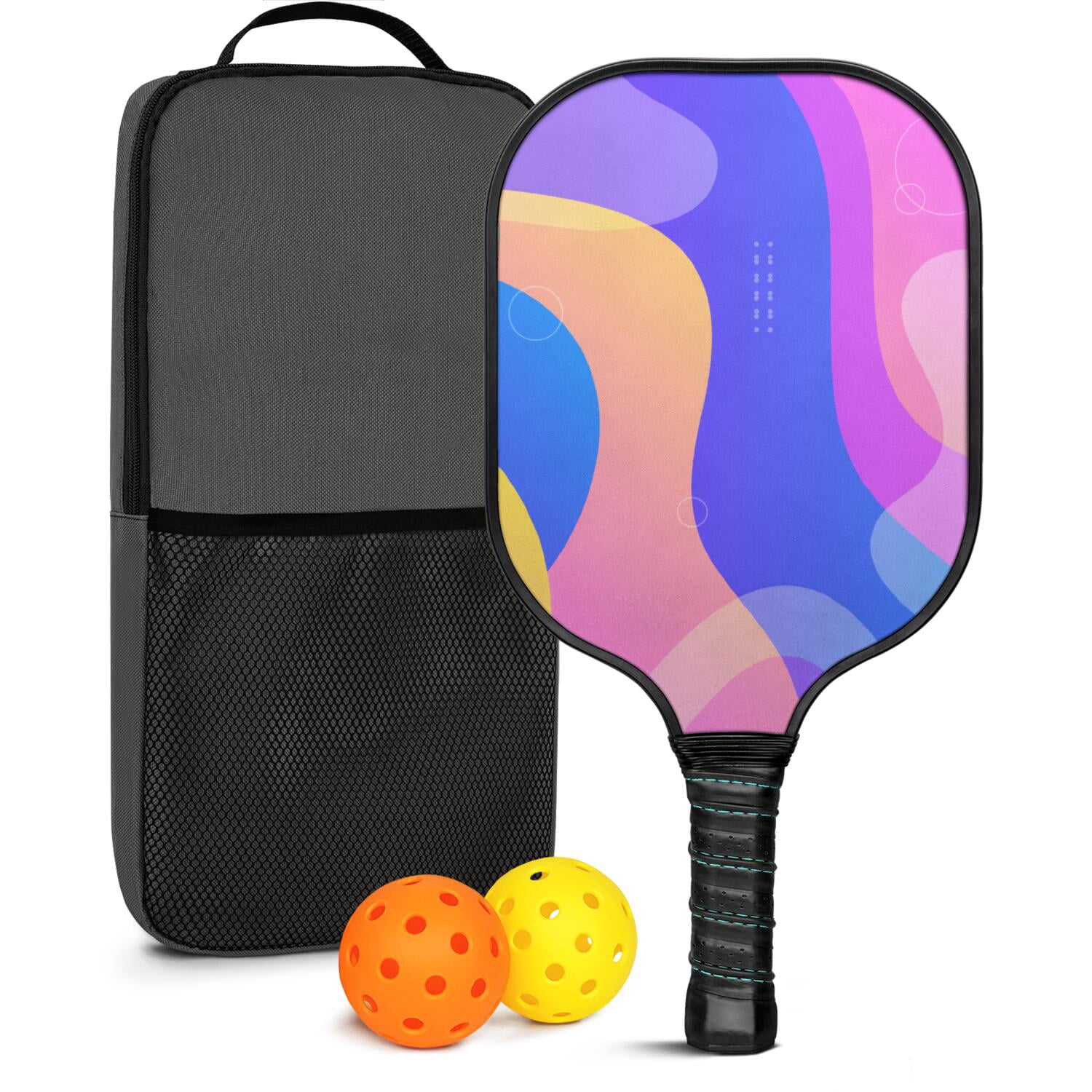Pickleball Paddles Set Of 1, Fiberglass Surface, Neon Fluid Print, 1 Paddle, 2 Balls & Bag