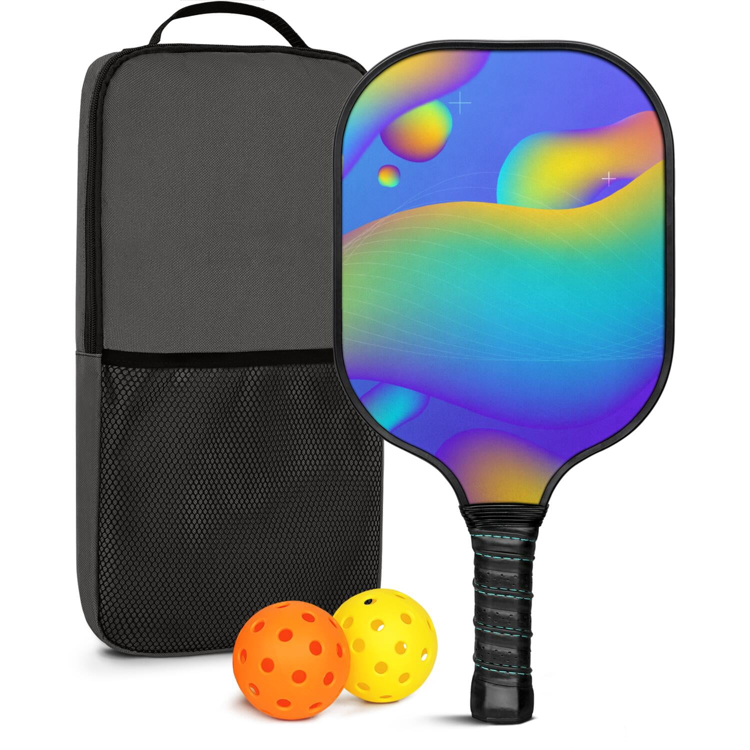 Pickleball Paddles Set Of 1, Fiberglass Surface, Neon Fluid Print, 1 Paddle, 2 Balls & Bag
