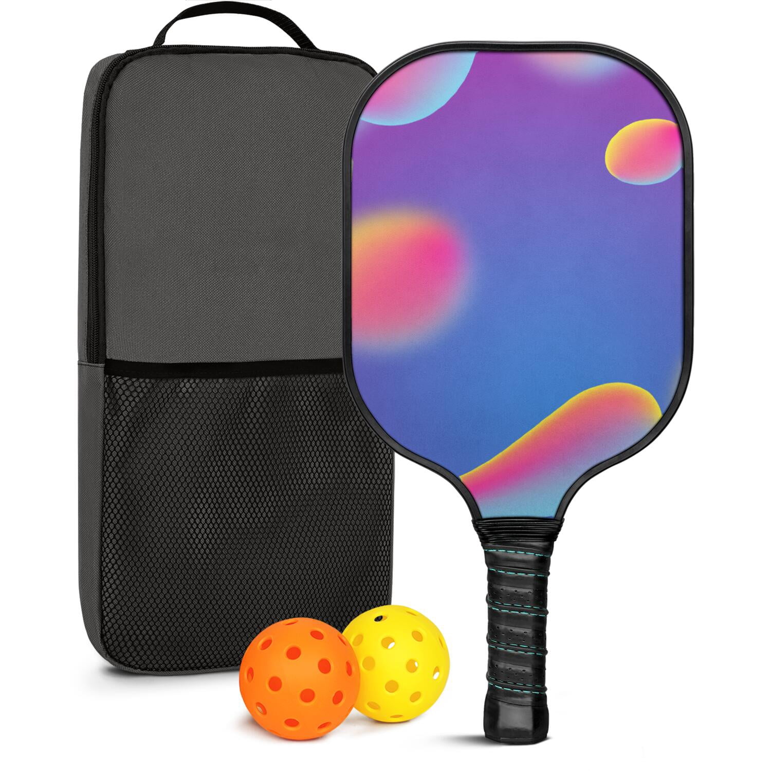 Pickleball Paddles Set Of 1, Fiberglass Surface, Neon Fluid Print, 1 Paddle, 2 Balls & Bag