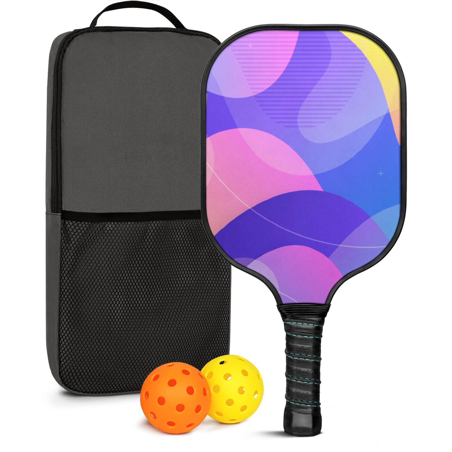 Pickleball Paddles Set Of 1, Fiberglass Surface, Neon Fluid Print, 1 Paddle, 2 Balls & Bag