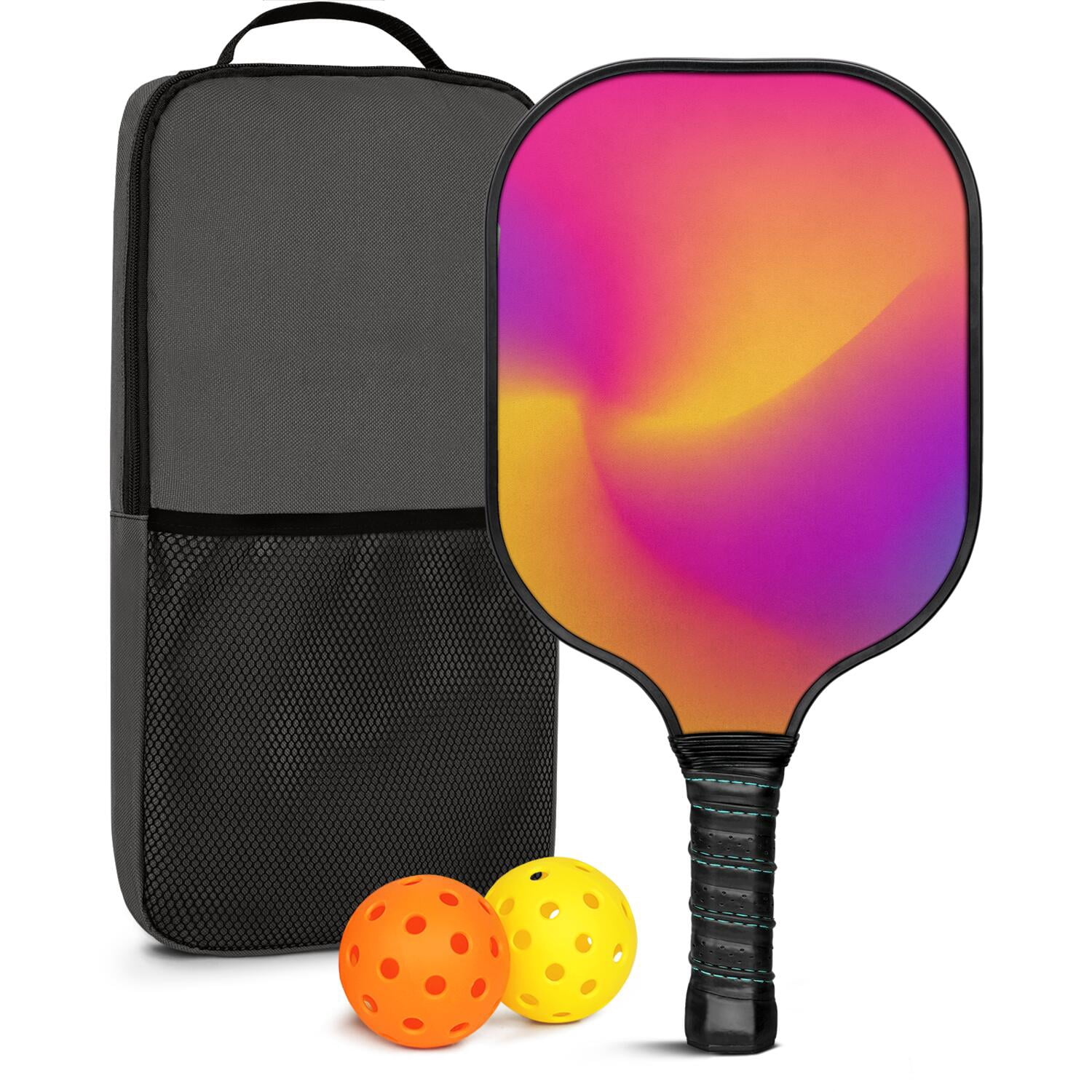 Pickleball Paddles Set Of 1, Fiberglass Surface, Neon Fluid Print, 1 Paddle, 2 Balls & Bag