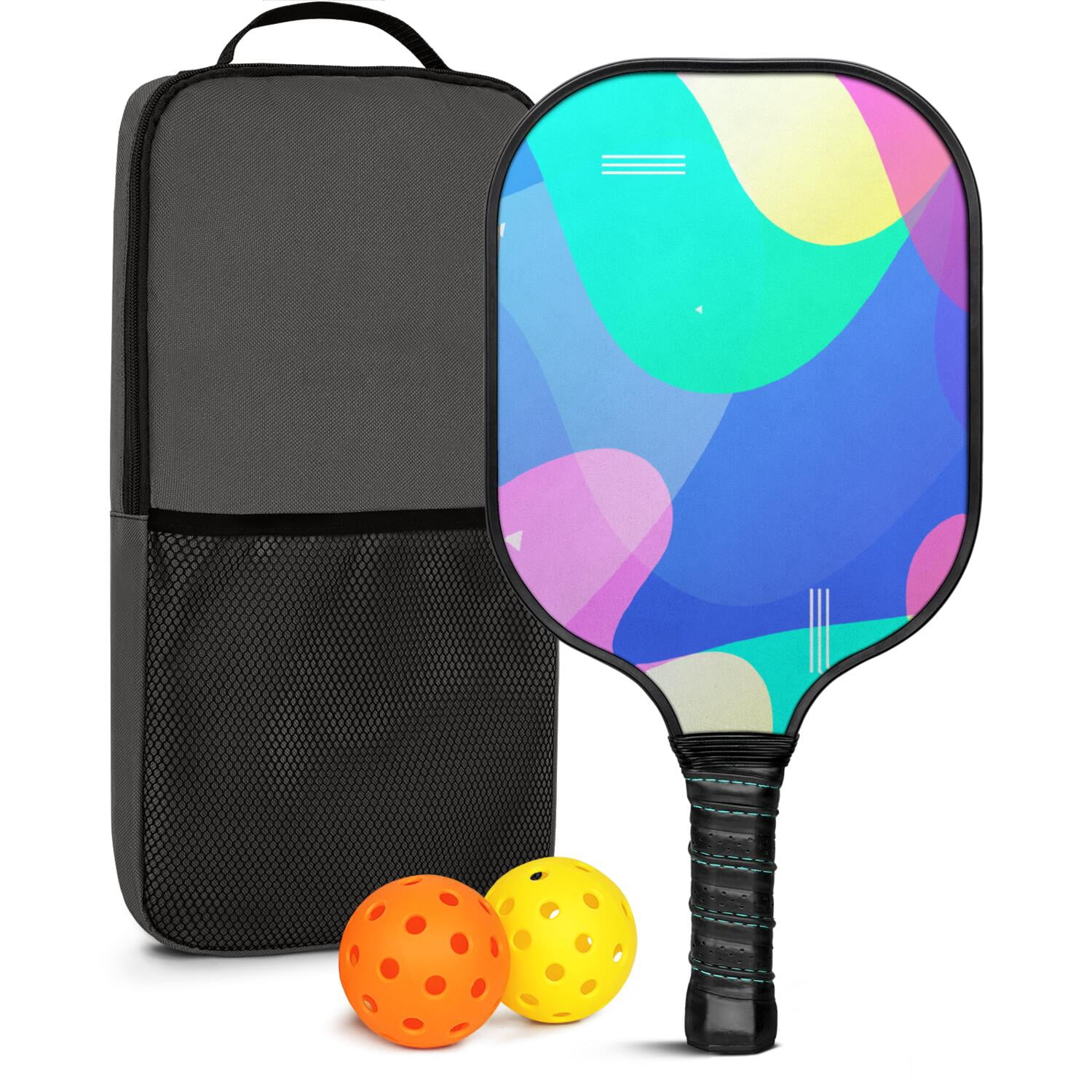 Pickleball Paddles Set Of 1, Fiberglass Surface, Neon Fluid Print, 1 Paddle, 2 Balls & Bag