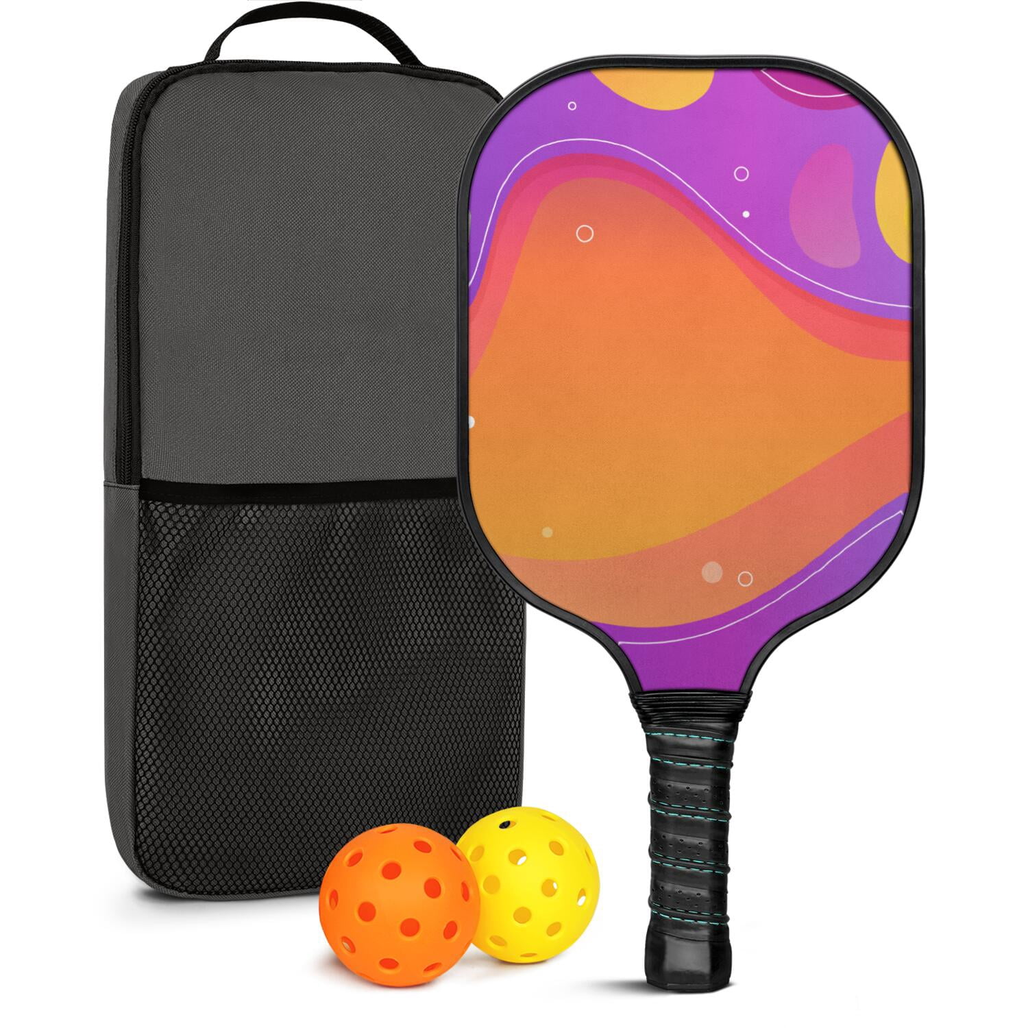 Pickleball Paddles Set Of 1, Fiberglass Surface, Neon Fluid Print, 1 Paddle, 2 Balls & Bag