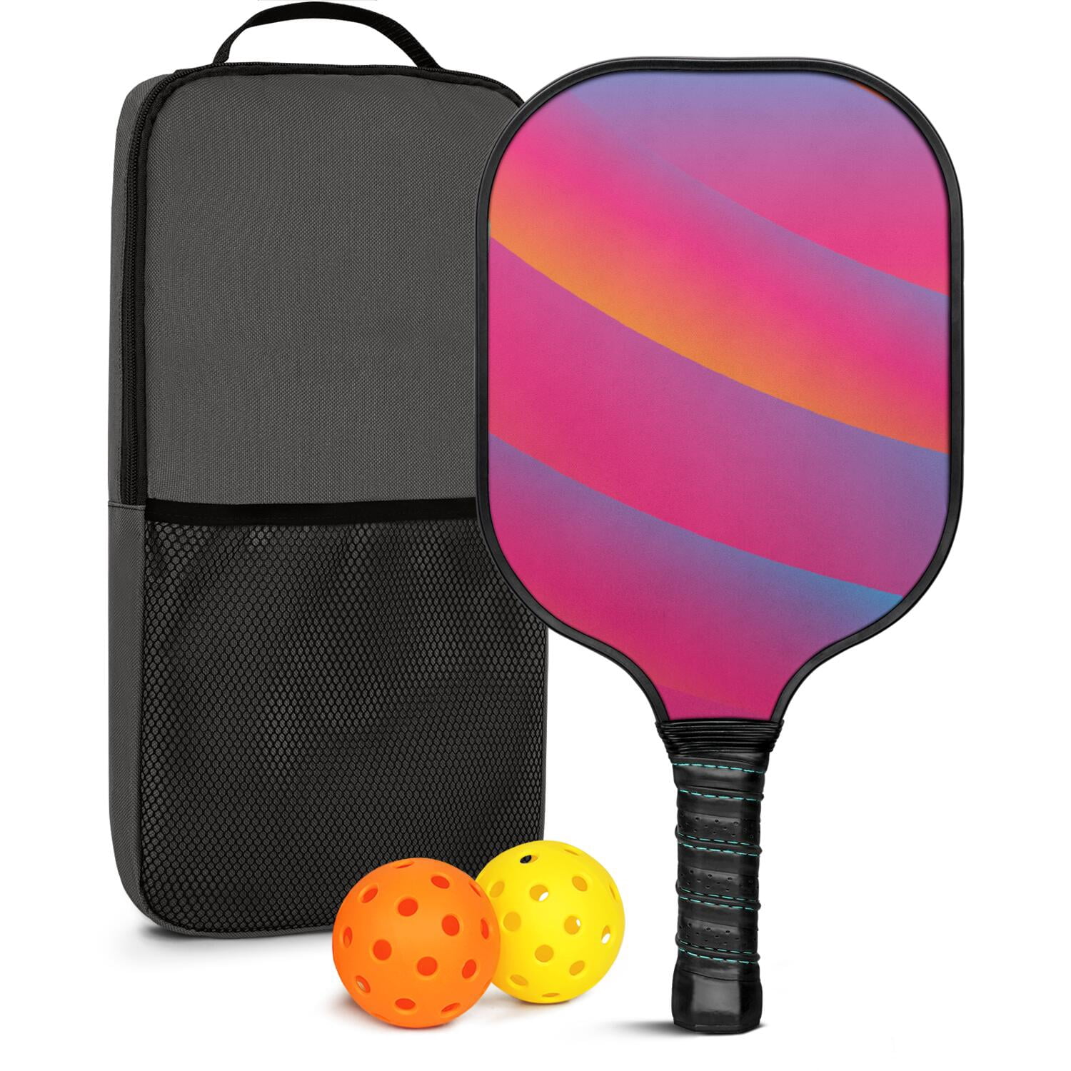 Pickleball Paddles Set Of 1, Fiberglass Surface, Neon Fluid Print, 1 Paddle, 2 Balls & Bag