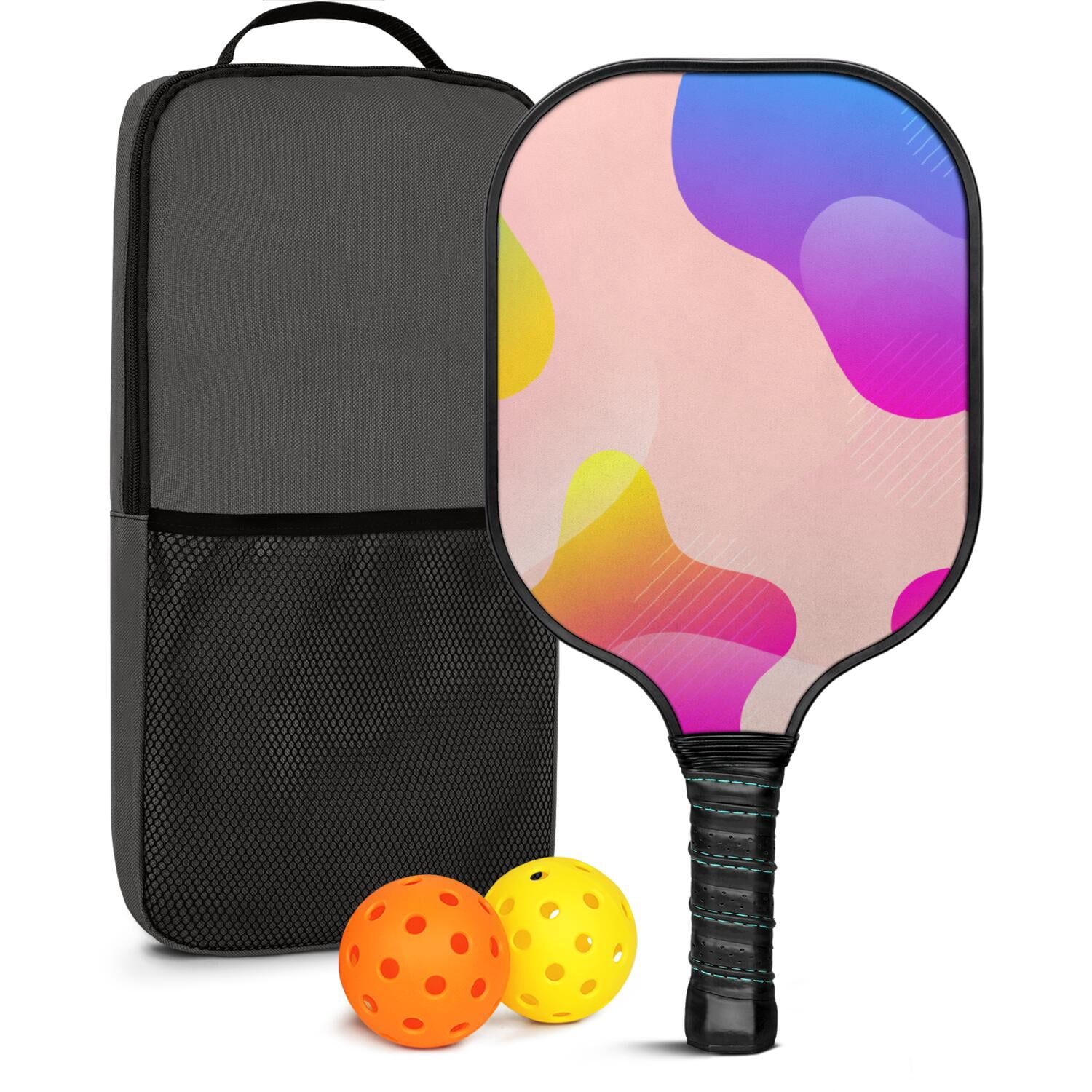 Pickleball Paddles Set Of 1, Fiberglass Surface, Neon Fluid Print, 1 Paddle, 2 Balls & Bag