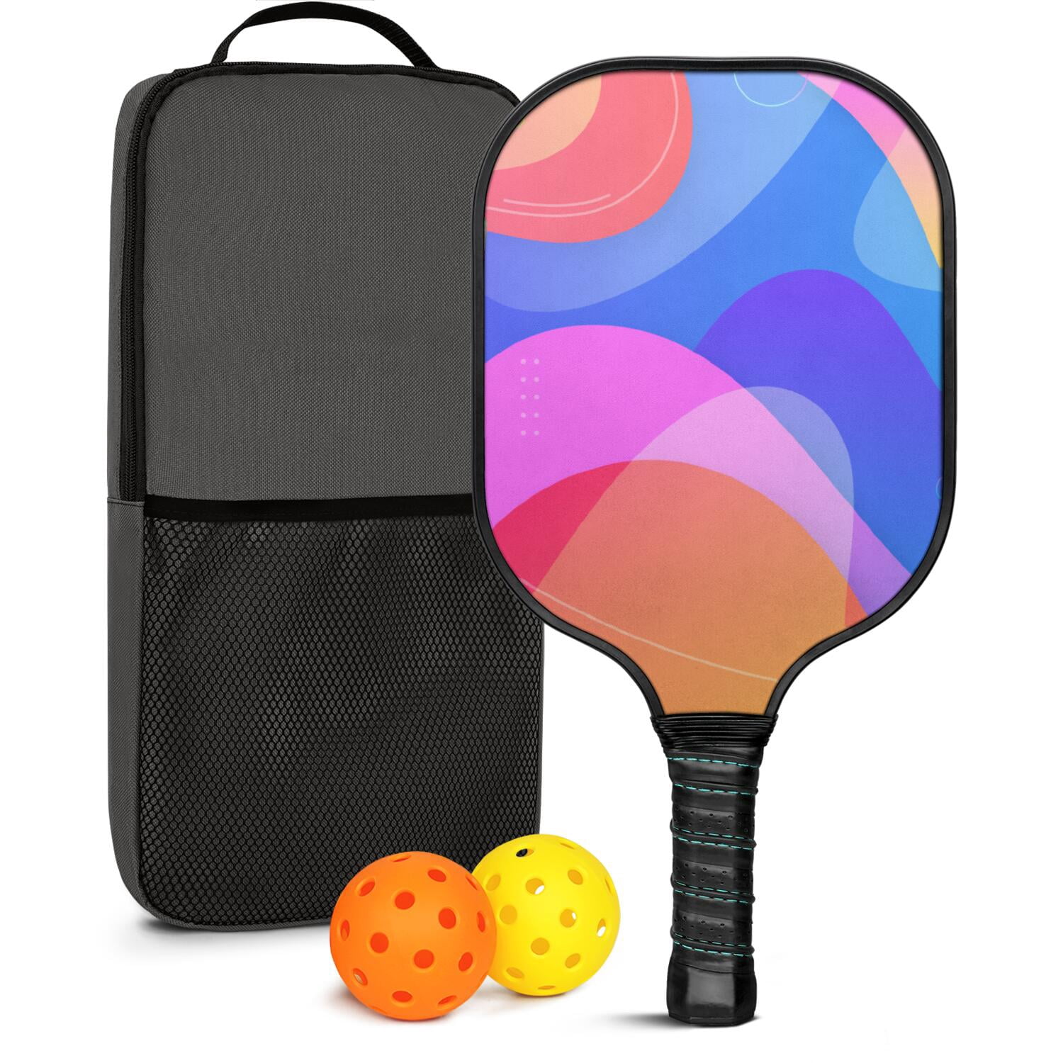 Pickleball Paddles Set Of 1, Fiberglass Surface, Neon Fluid Print, 1 Paddle, 2 Balls & Bag