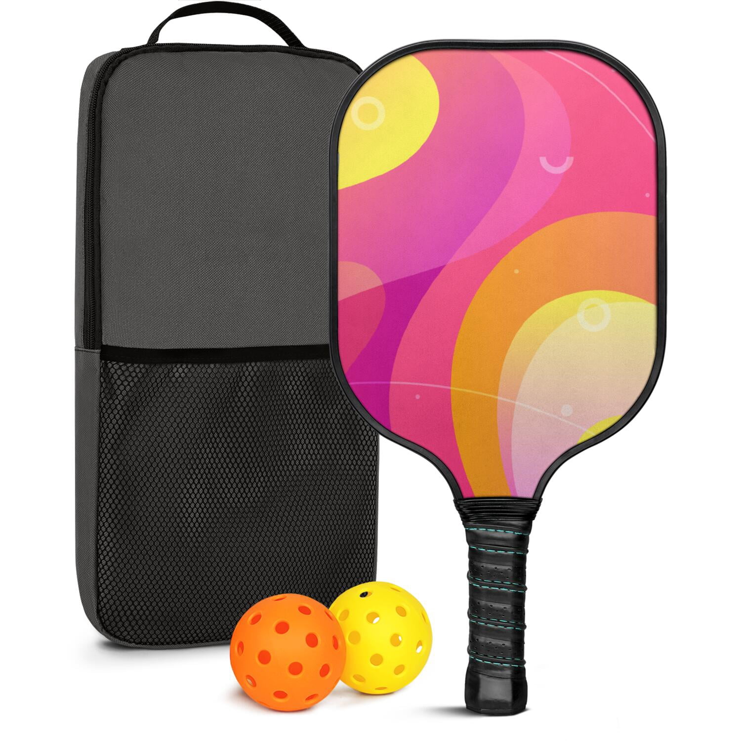 Pickleball Paddles Set Of 1, Fiberglass Surface, Neon Fluid Print, 1 Paddle, 2 Balls & Bag