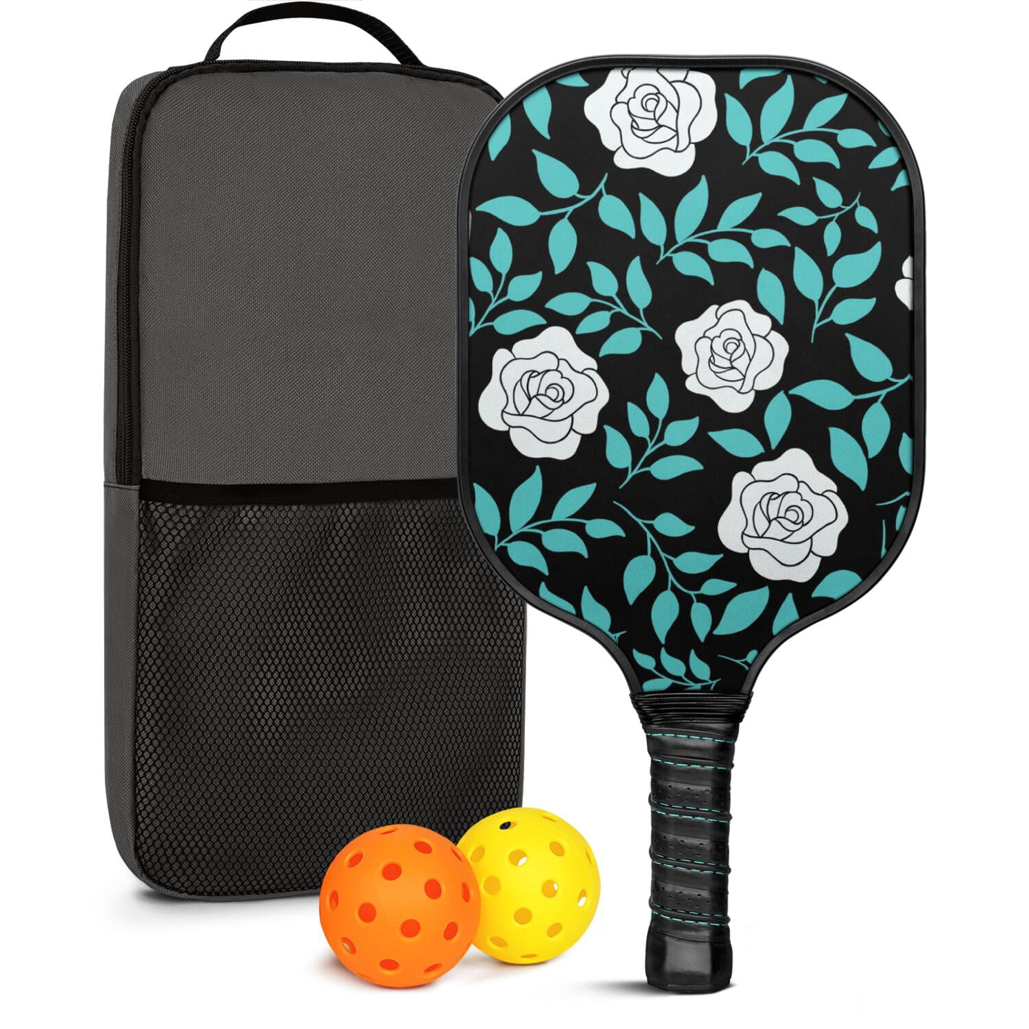 Pickleball Paddles Set Of 1, Fiberglass Surface, Rose Flowers Print, 1 Paddle, 2 Balls & Bag