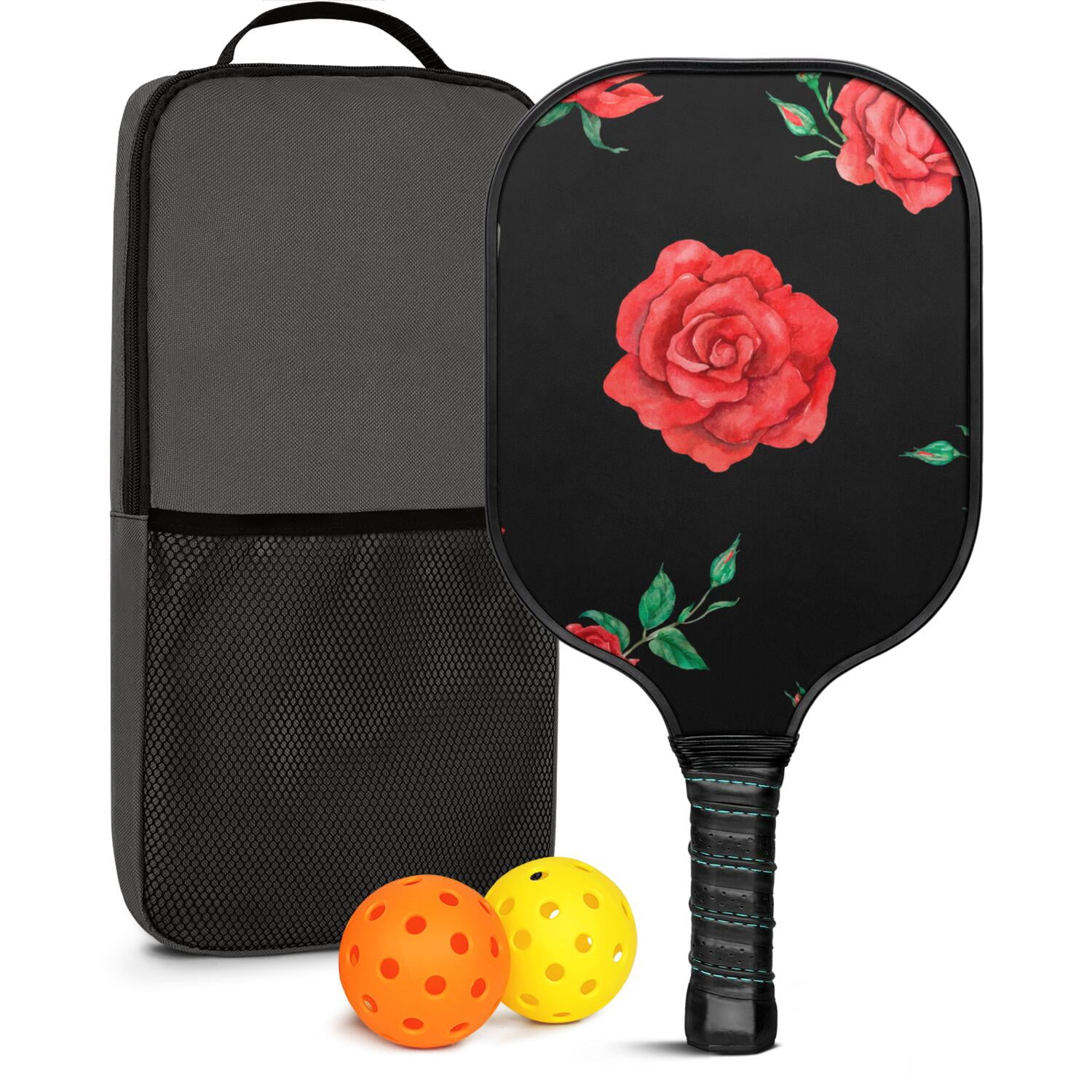 Pickleball Paddles Set Of 1, Fiberglass Surface, Rose Flowers Print, 1 Paddle, 2 Balls & Bag