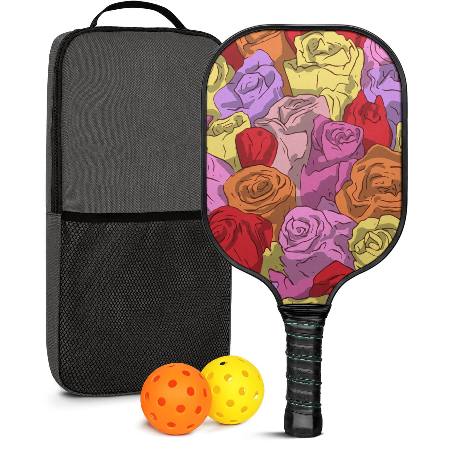 Pickleball Paddles Set Of 1, Fiberglass Surface, Rose Flowers Print, 1 Paddle, 2 Balls & Bag