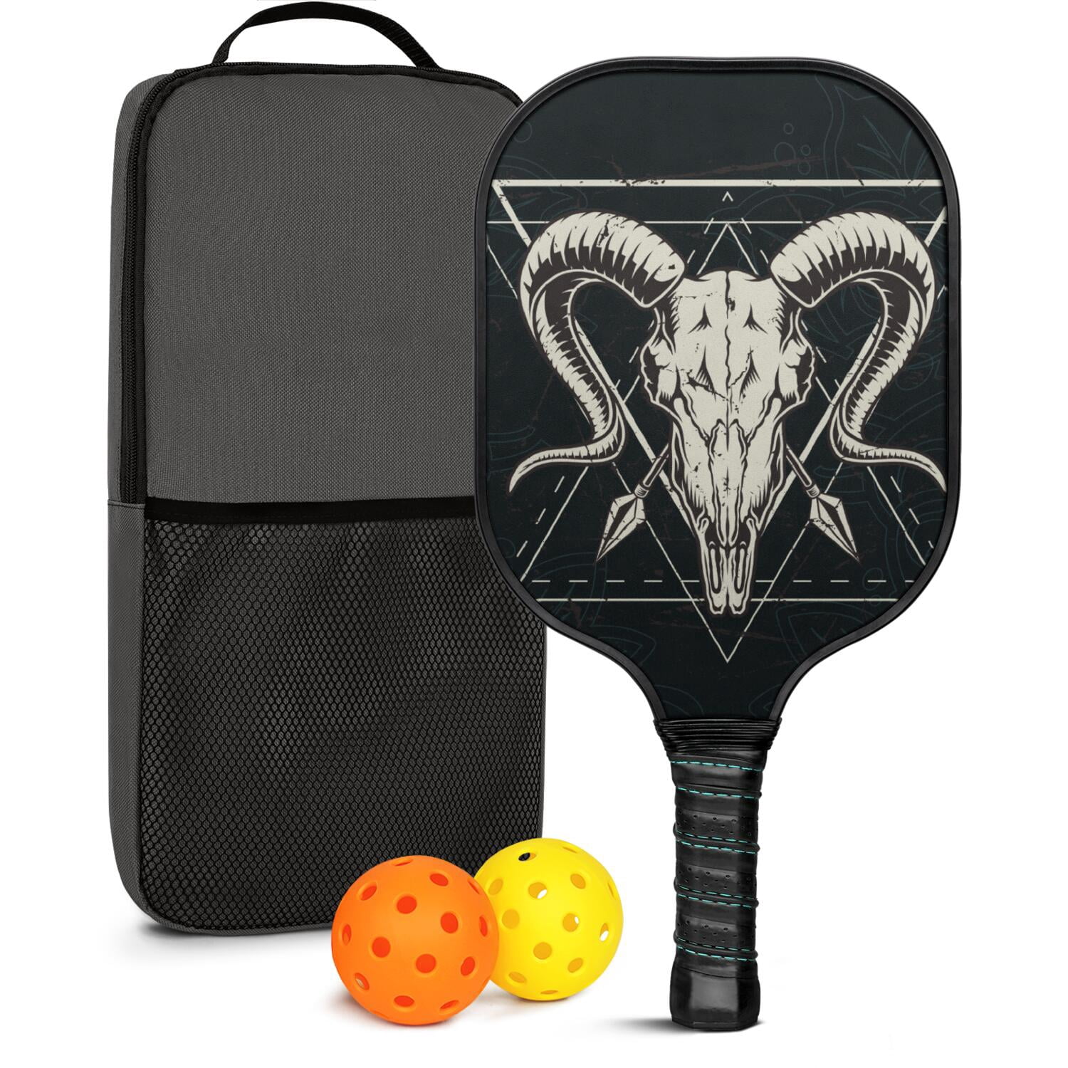 Pickleball Paddles Set Of 1, Fiberglass Surface, Skull & Tattoo Print, 1 Paddle, 2 Balls & Bag