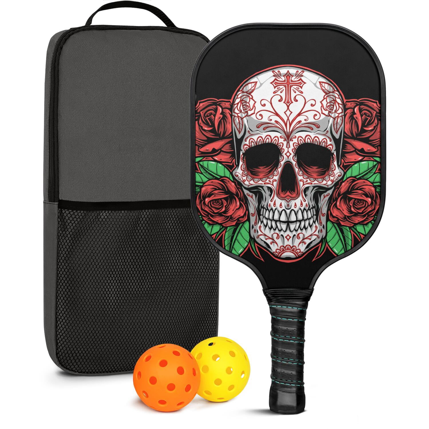 Pickleball Paddles Set Of 1, Fiberglass Surface, Skull & Tattoo Print, 1 Paddle, 2 Balls & Bag