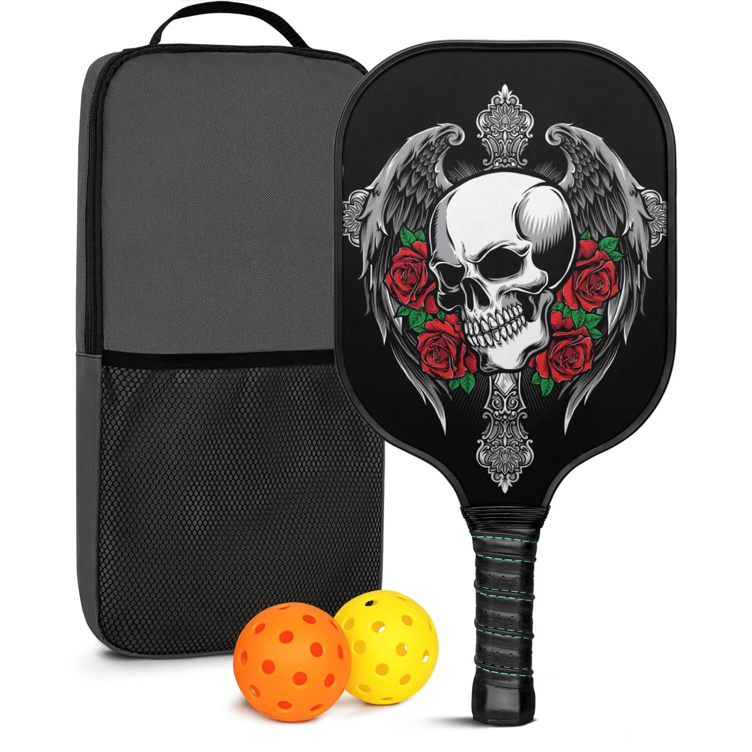 Pickleball Paddles Set Of 1, Fiberglass Surface, Skull & Tattoo Print, 1 Paddle, 2 Balls & Bag