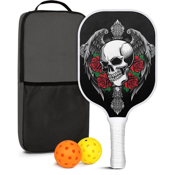 Pickleball Paddles Set Of 1, Fiberglass Surface, Skull & Tattoo Print, 1 Paddle, 2 Balls & Bag