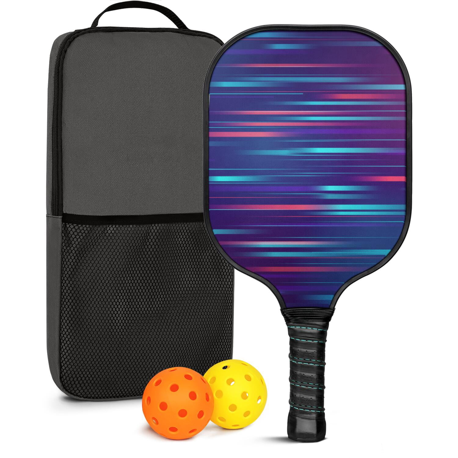 Pickleball Paddles Set Of 1, Fiberglass Surface, Speed, Lightning, Thunder Print, 1 Paddle, 2 Balls & Bag